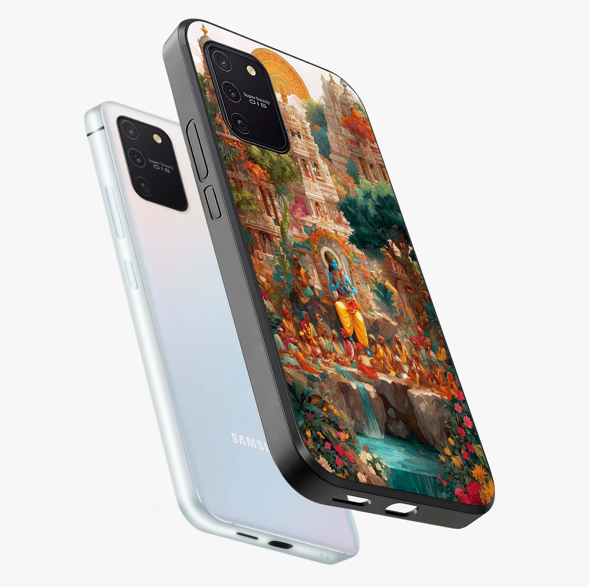 Sacred Sunlight Gods Glass Case displayed in angled mockup highlighting radiant spiritual design with celestial aesthetic.