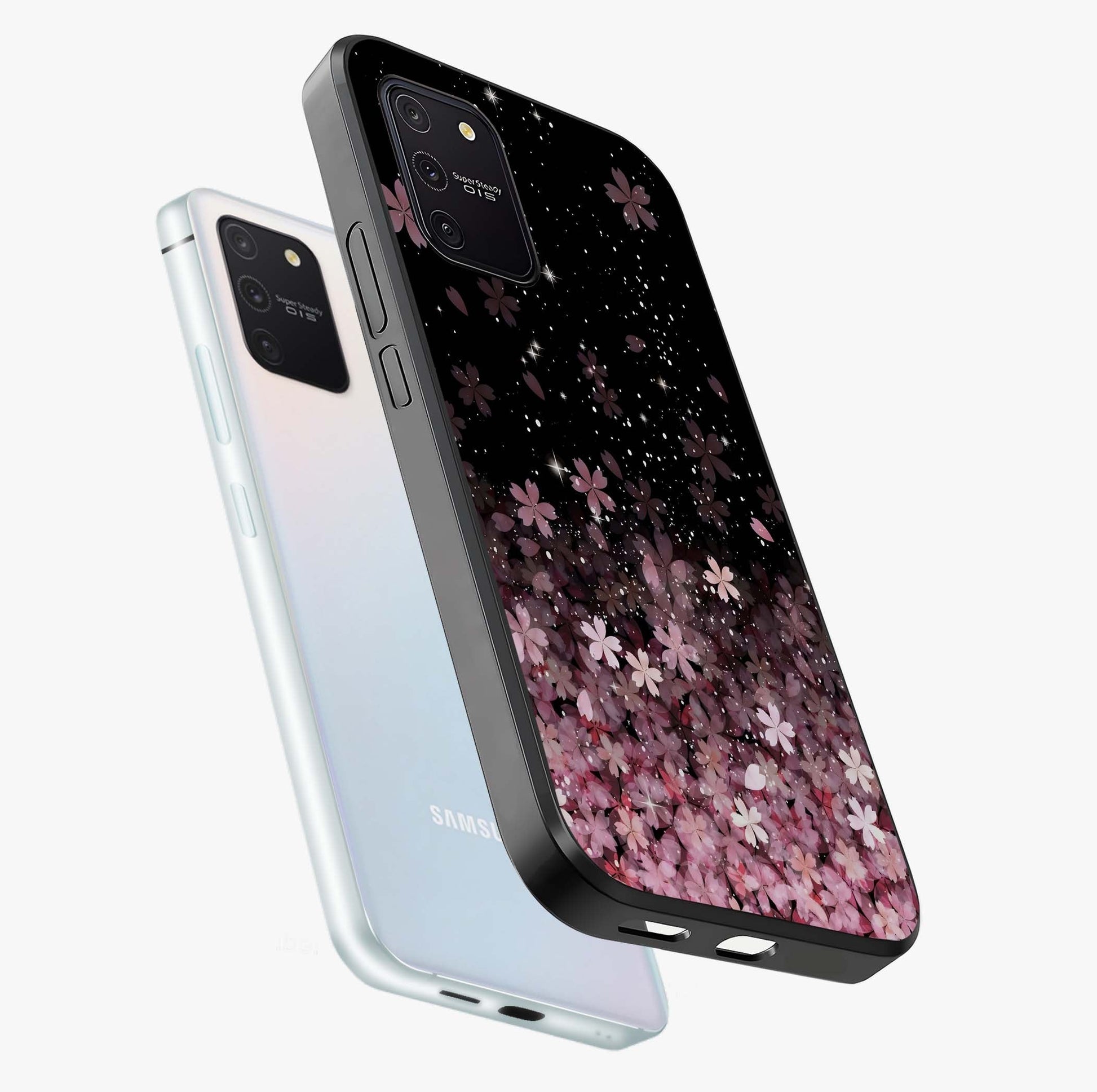 Small Starry Flowers Glass Case displayed in angled mockup highlighting tiny flower pattern with celestial aesthetic style.