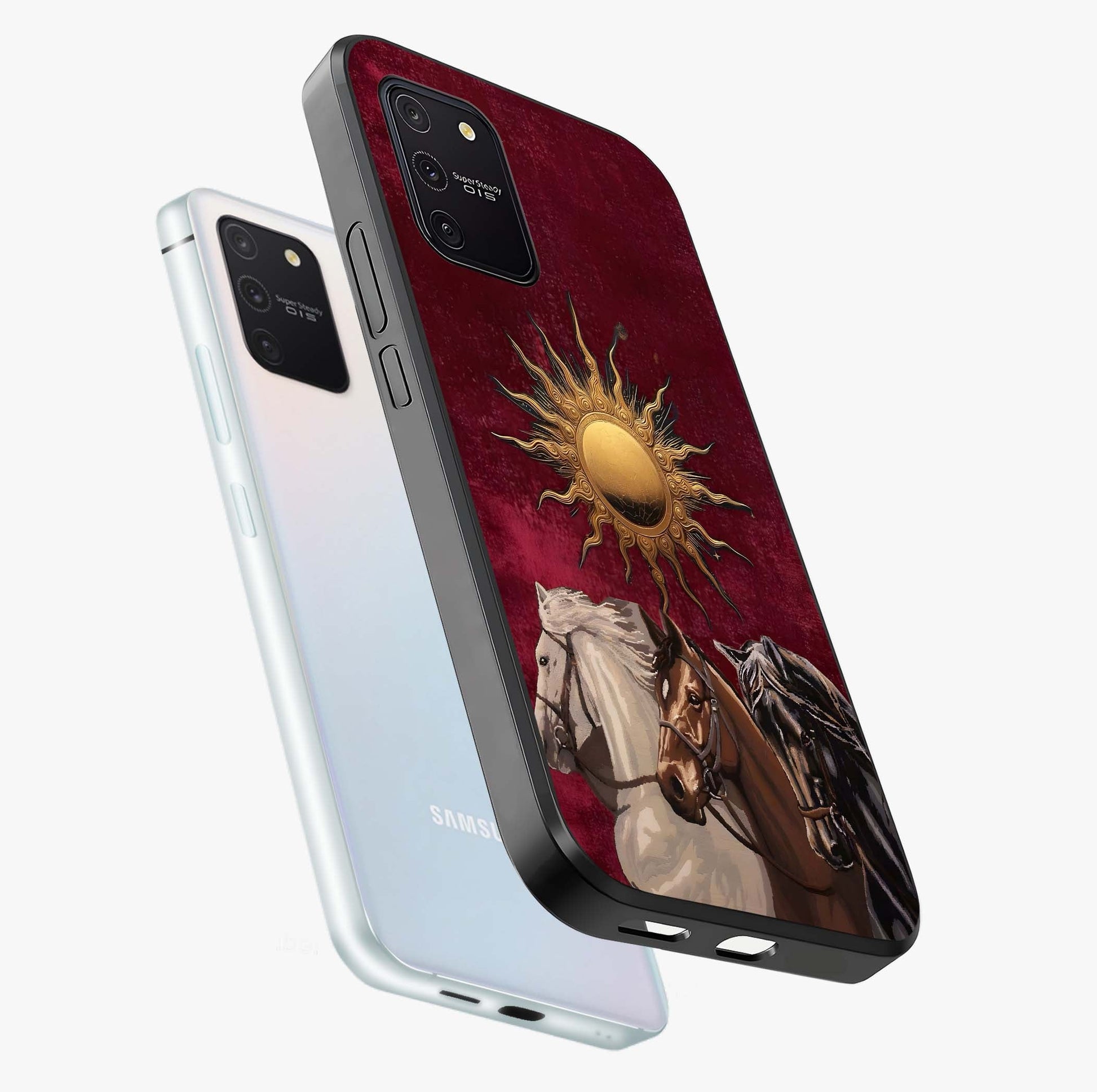 Solar Riders Glass Case displayed in angled mockup highlighting powerful rider illustration with radiant solar aesthetic.