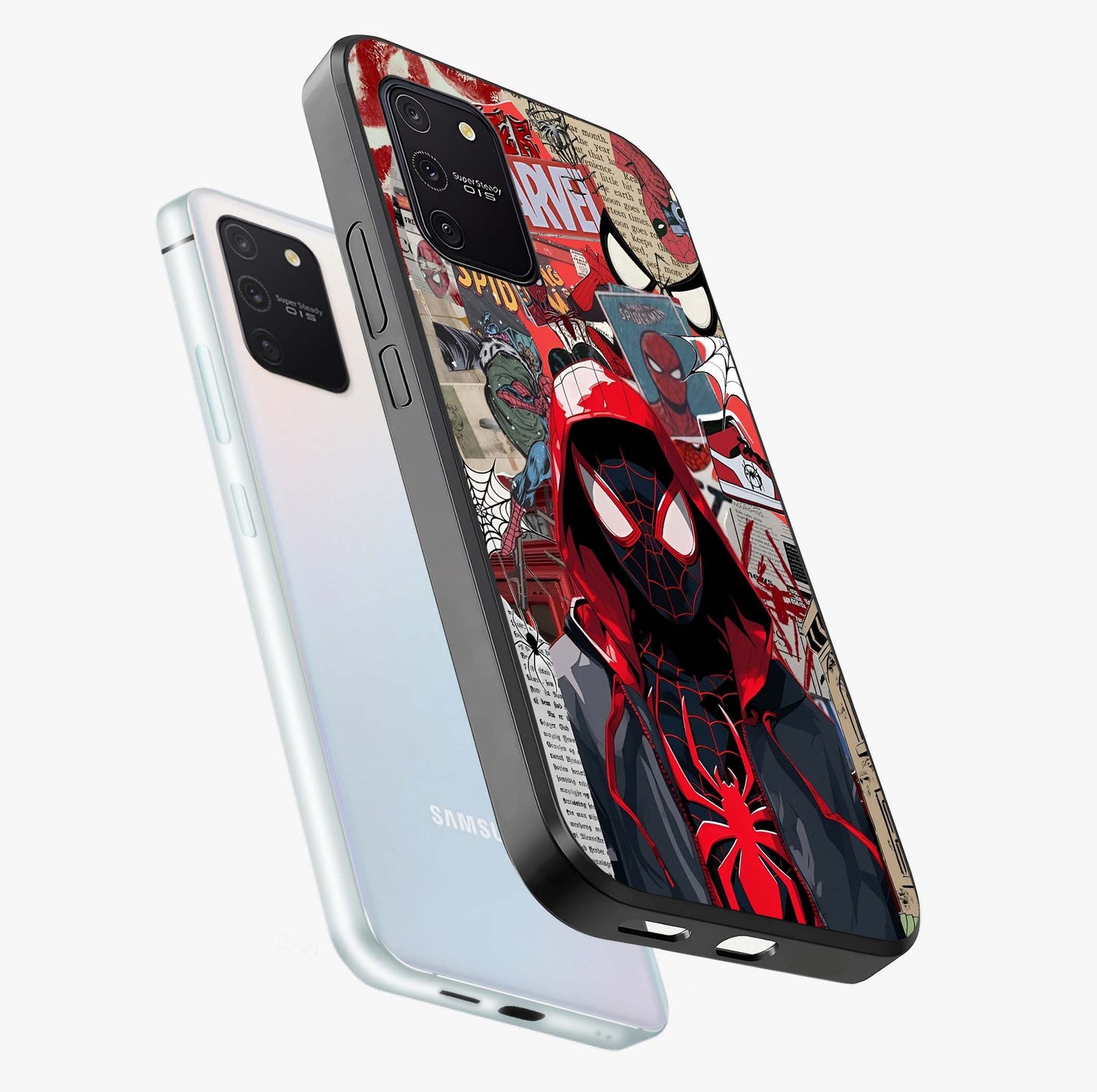 Spider Collage Street Glass Case displayed in angled mockup highlighting dynamic street style collage design with comic aesthetic.