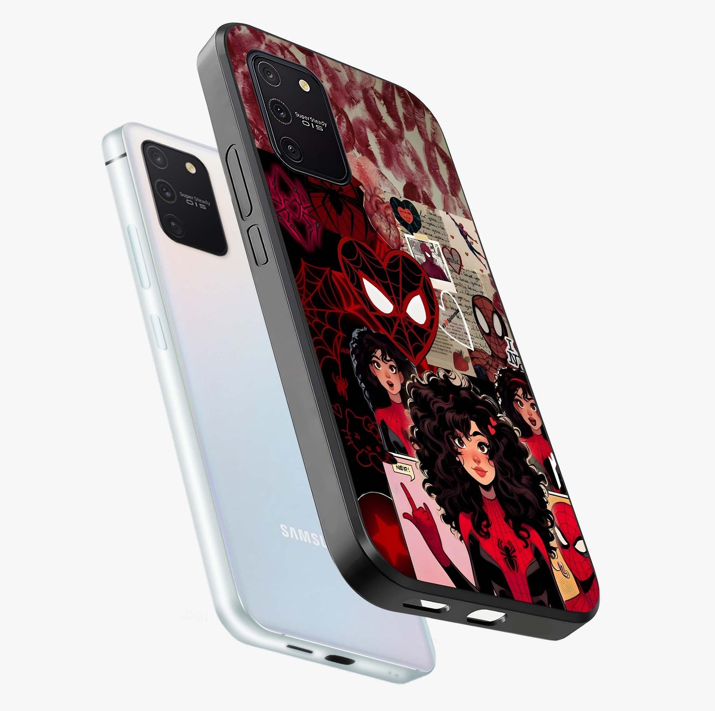 Spider Love Story Glass Case displayed in angled mockup highlighting expressive comic inspired design with playful aesthetic.