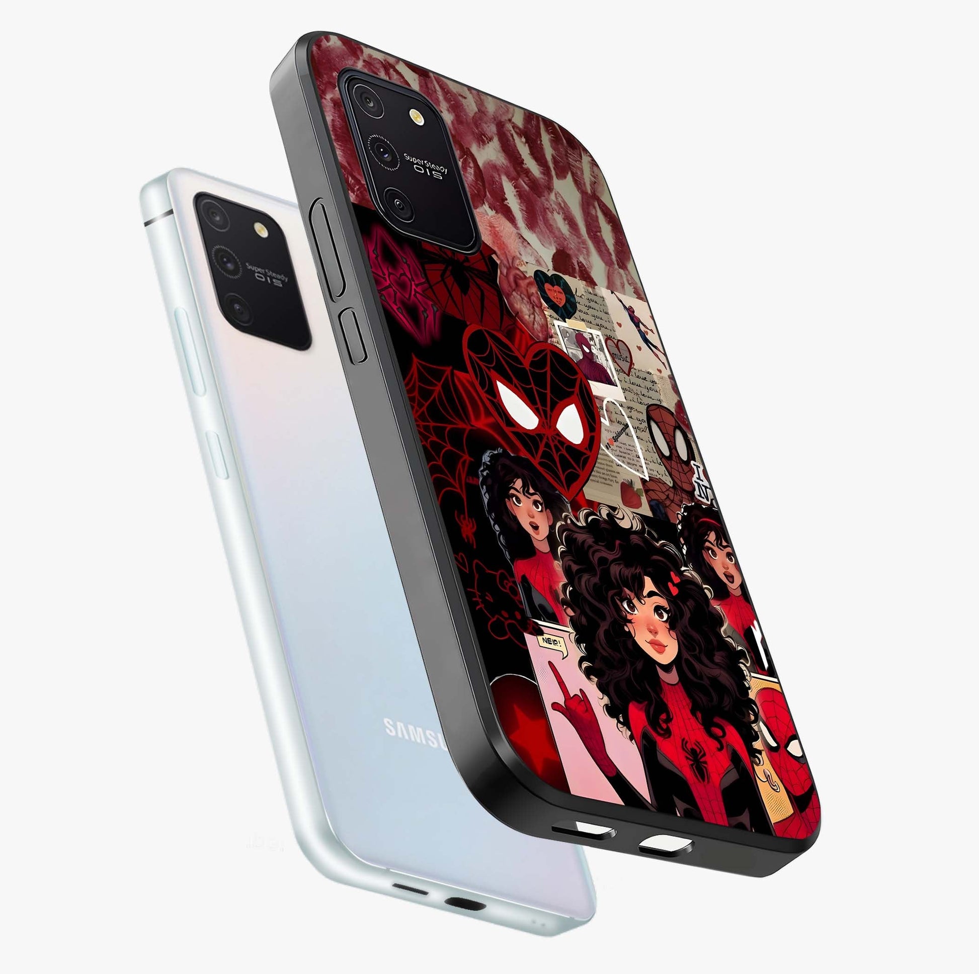 Spider Love Story Glass Case displayed in angled mockup highlighting expressive comic inspired design with playful aesthetic.