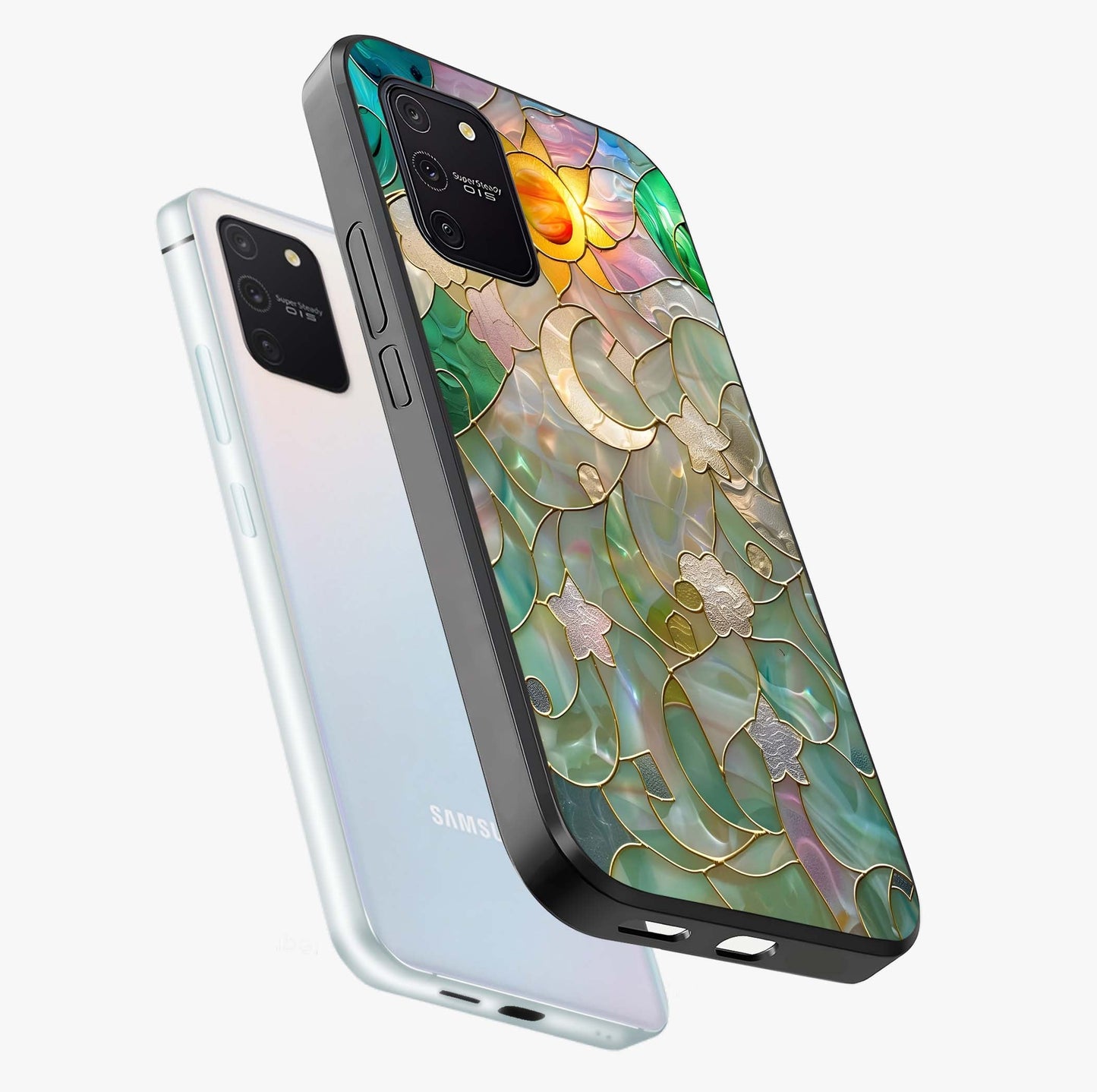 Stained Sunrise Glow Glass Case displayed in angled mockup highlighting radiant sunrise design with artistic aesthetic style.