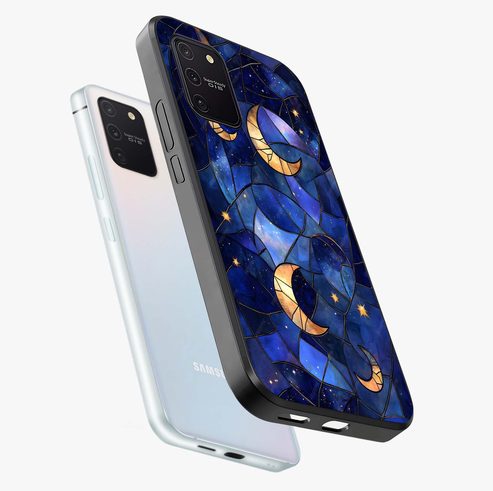 Starlit Sky Tapestry Glass Case displayed in angled mockup highlighting celestial night pattern with artistic aesthetic style.