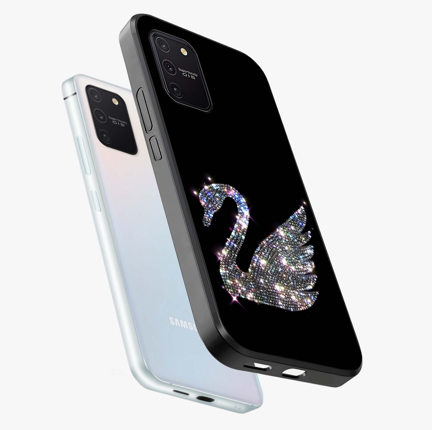 Starlit Swan Grace Glass Case displayed in angled mockup highlighting elegant swan illustration with dreamy celestial aesthetic.
