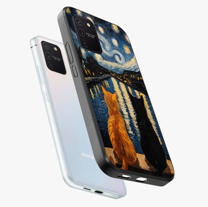 Starry River Cats Glass Case displayed in angled mockup highlighting charming feline illustration with dreamy night aesthetic.