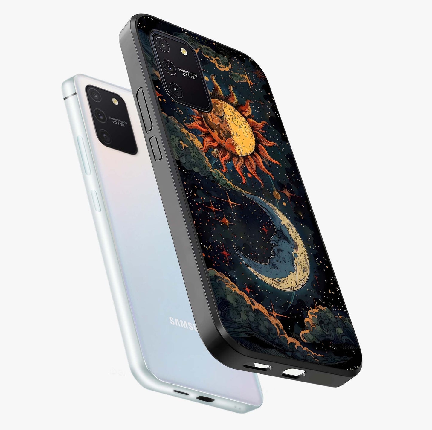 Sun And Moon Magic Design Glass Case displayed in angled mockup highlighting celestial design with magical cosmic aesthetic.