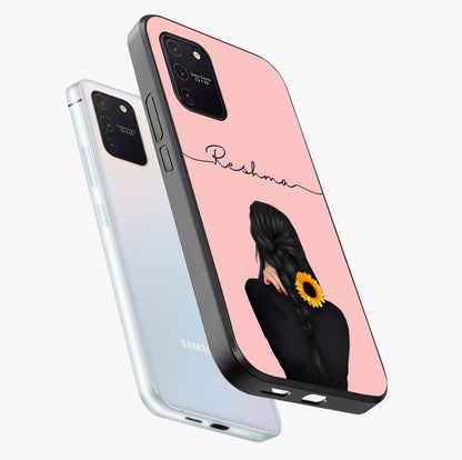 Sunflower Braid Beauty With Custom Name Glass Case displayed in angled mockup highlighting elegant sunflower design with custom name feature.