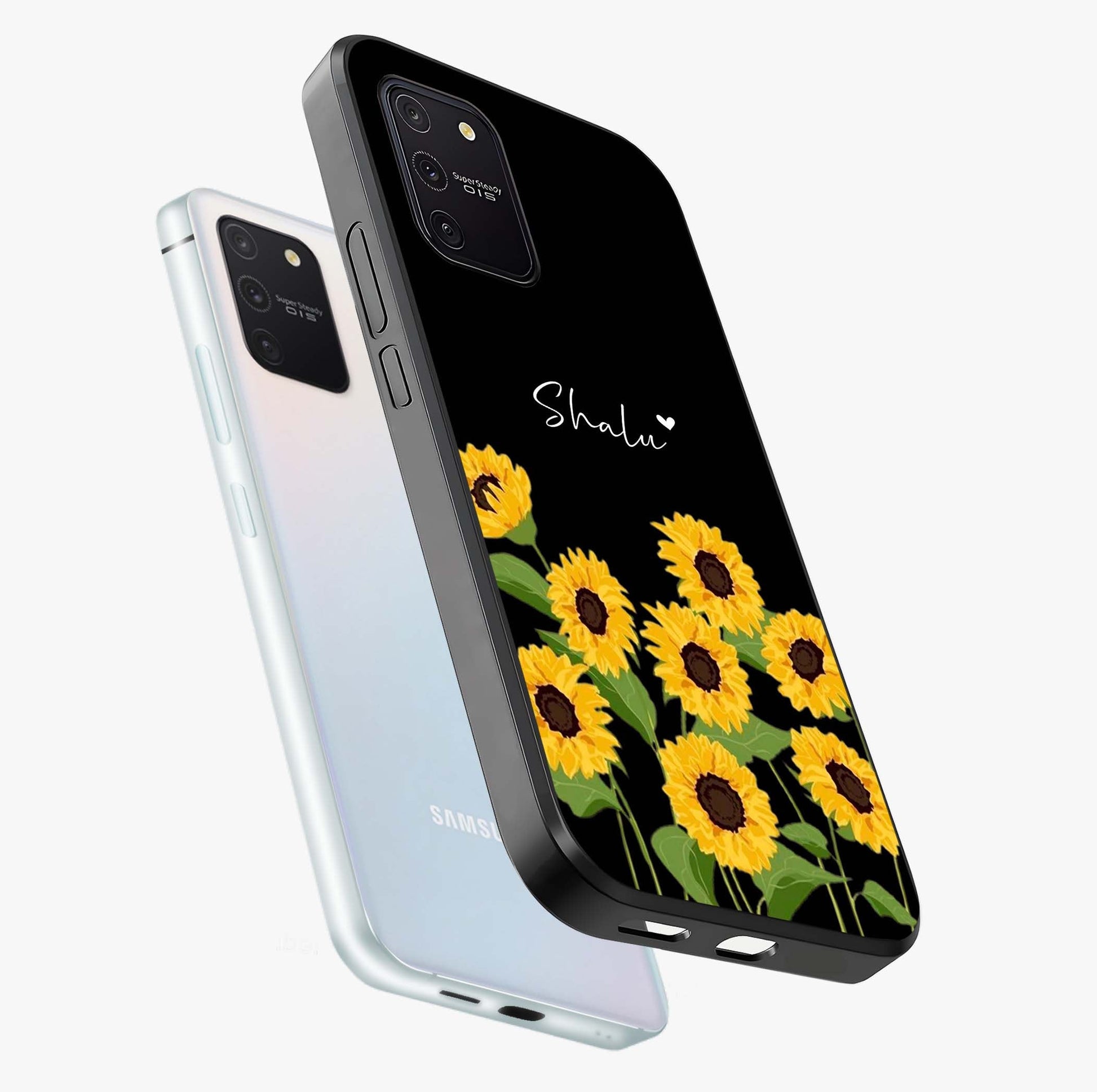 Sunflower Chic Mood Custom Name Glass Case displayed in angled mockup highlighting vibrant sunflower design with custom name feature.