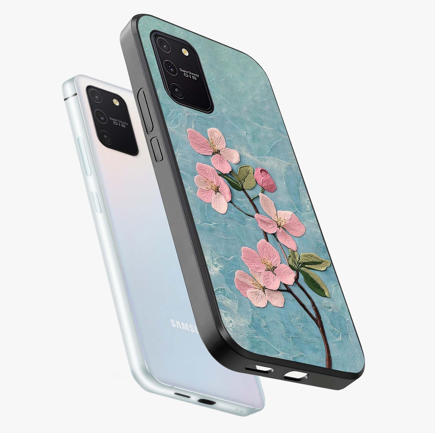 Threaded Blossom Breeze Glass Case displayed in angled mockup highlighting elegant floral design with soft aesthetic style.