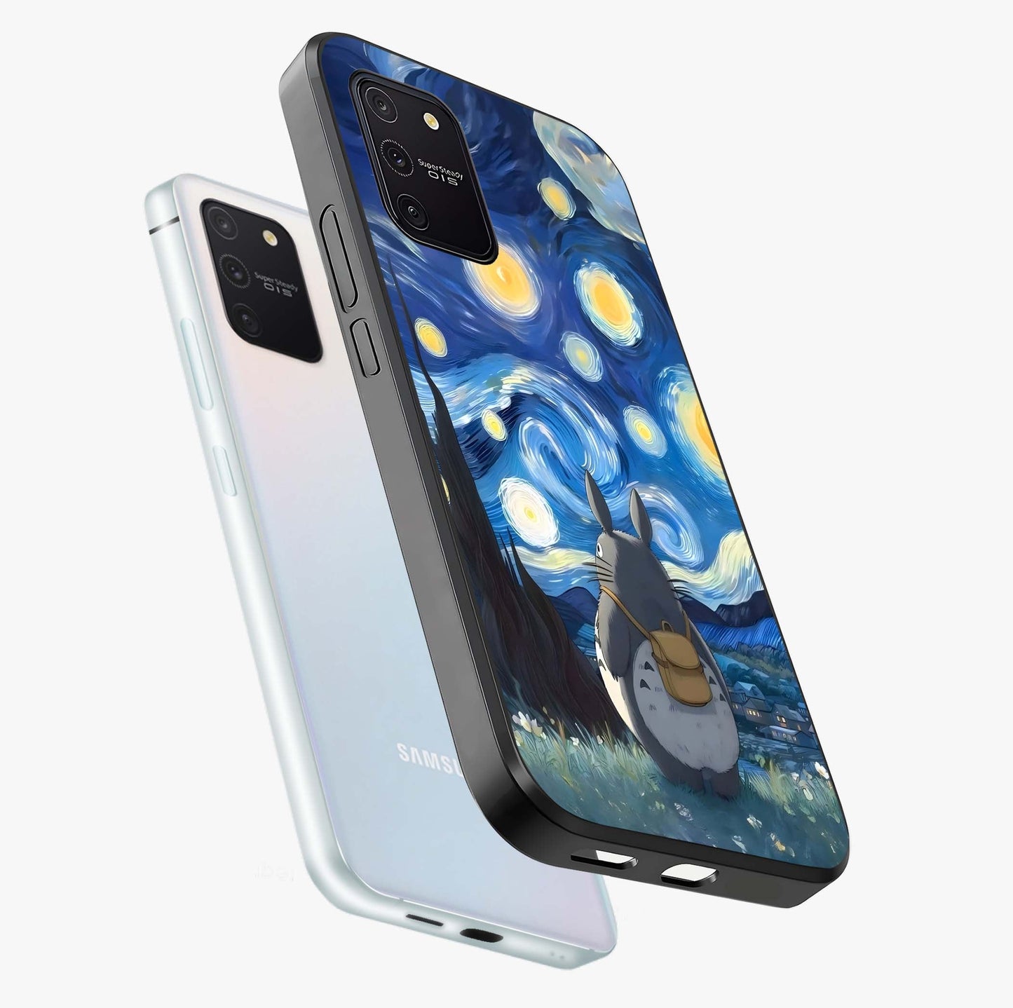 Totoro In Van Gogh Art Glass Case displayed in angled mockup highlighting artistic swirling sky design with playful animation aesthetic.