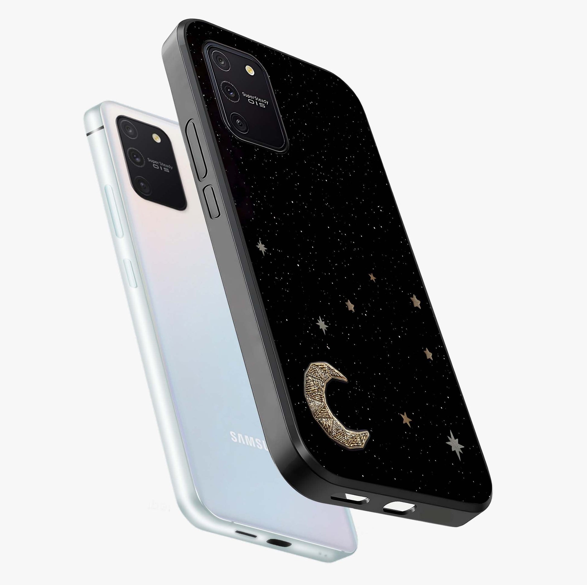 Twinkle Star With Half Moon Glass Case displayed in angled mockup highlighting celestial moon and star design with magical aesthetic.
