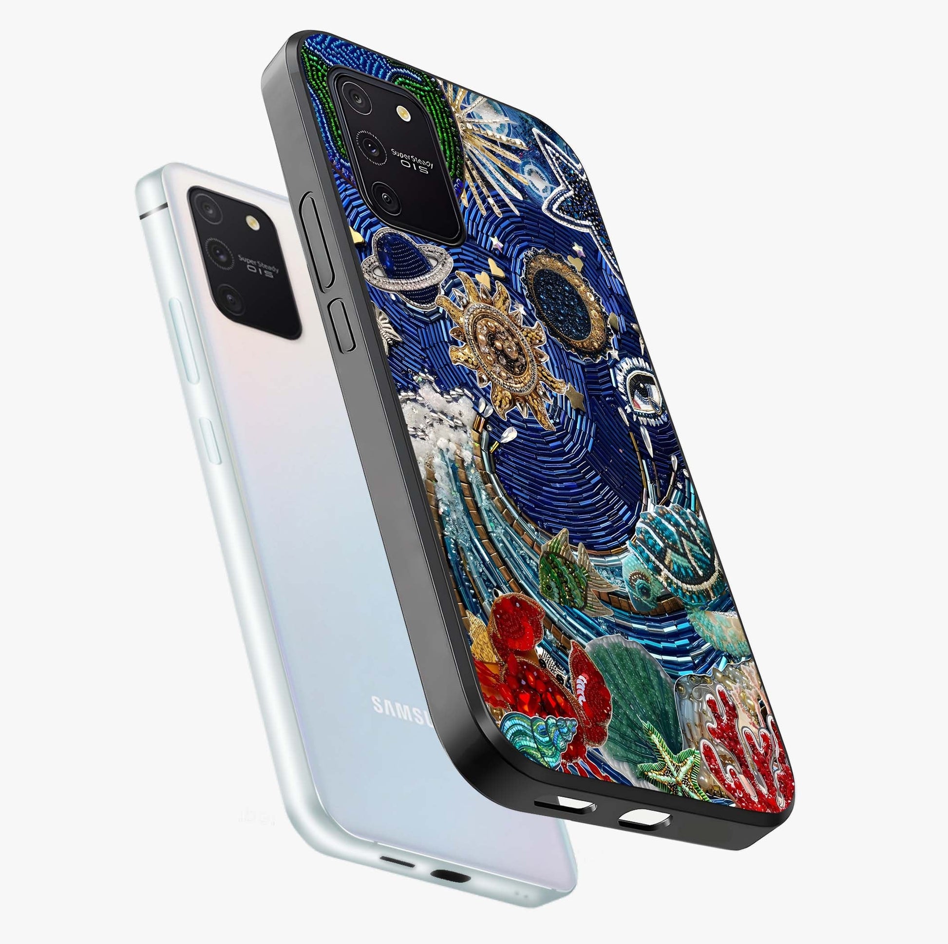Universe Underwater Spark Glass Case displayed in angled mockup highlighting glowing aquatic design with celestial aesthetic.