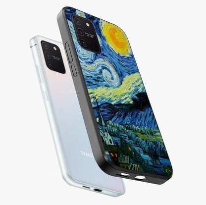 Van Gogh Art Glass Case displayed in angled mockup highlighting swirling brushstroke design with artistic aesthetic.