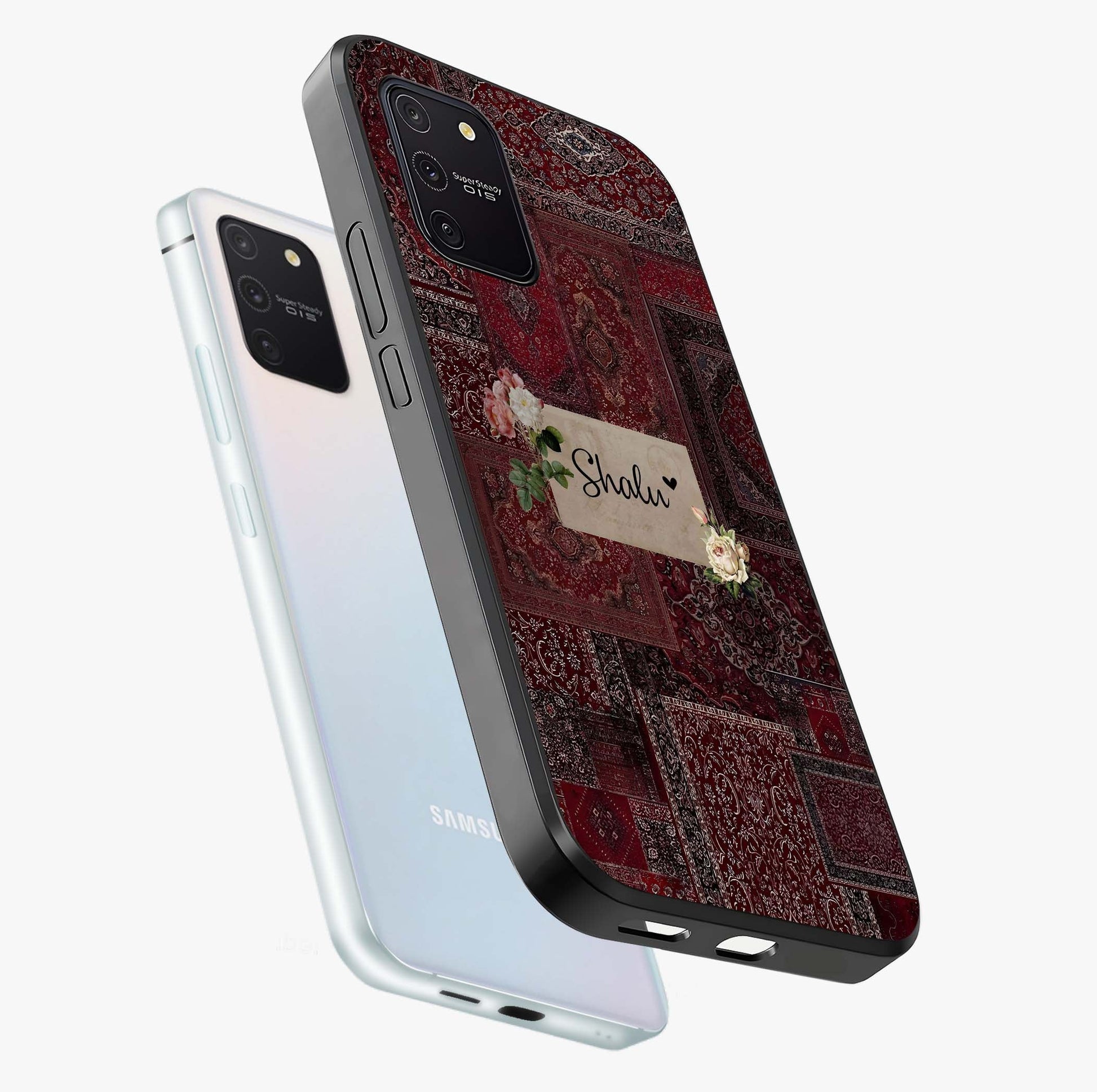 Velvet Wine Pattern Custom Name Glass Case displayed in angled mockup highlighting decorative velvet inspired design with custom name feature.