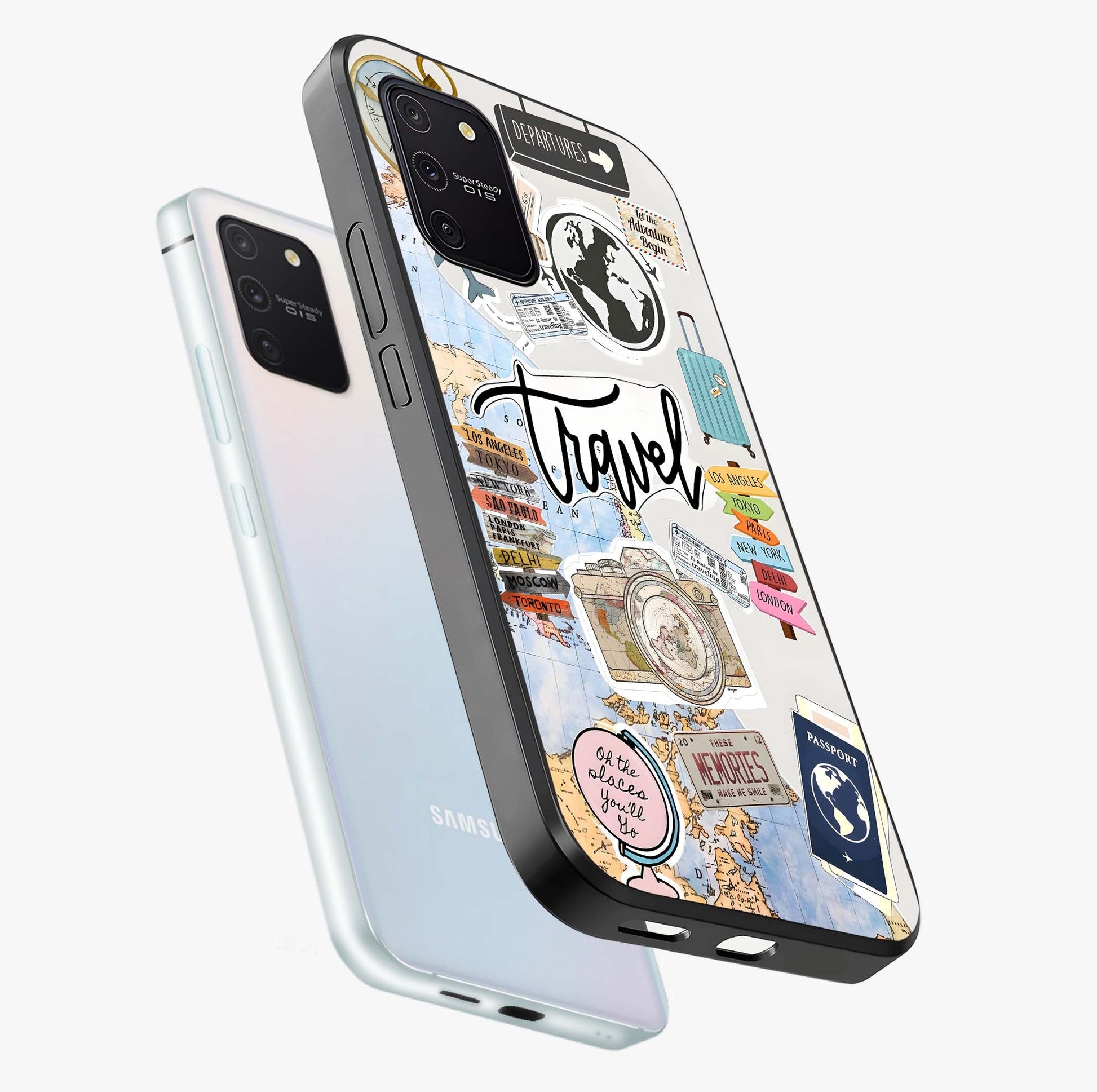 Wanderlust Journal Glass Case displayed in angled mockup highlighting adventure themed design with aesthetic travel vibe.