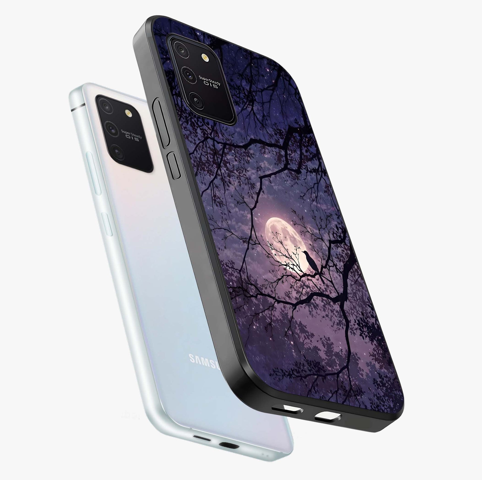 Whispering Moon Silence Glass Case displayed in angled mockup highlighting calm lunar design with dreamy night aesthetic.