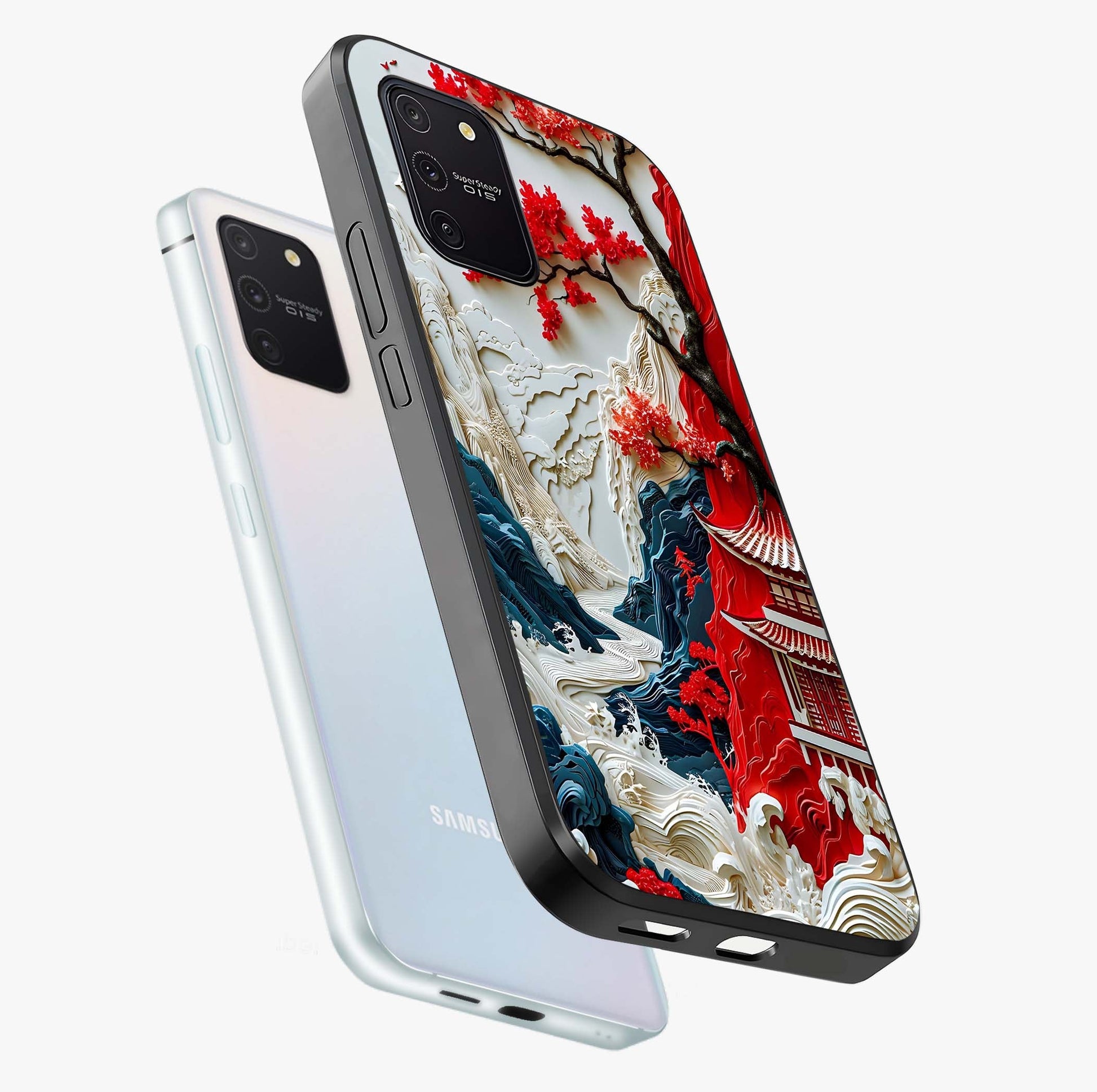 Whispers Of Sakura Waves Glass Case displayed in angled mockup highlighting flowing sakura design with soft floral aesthetic.