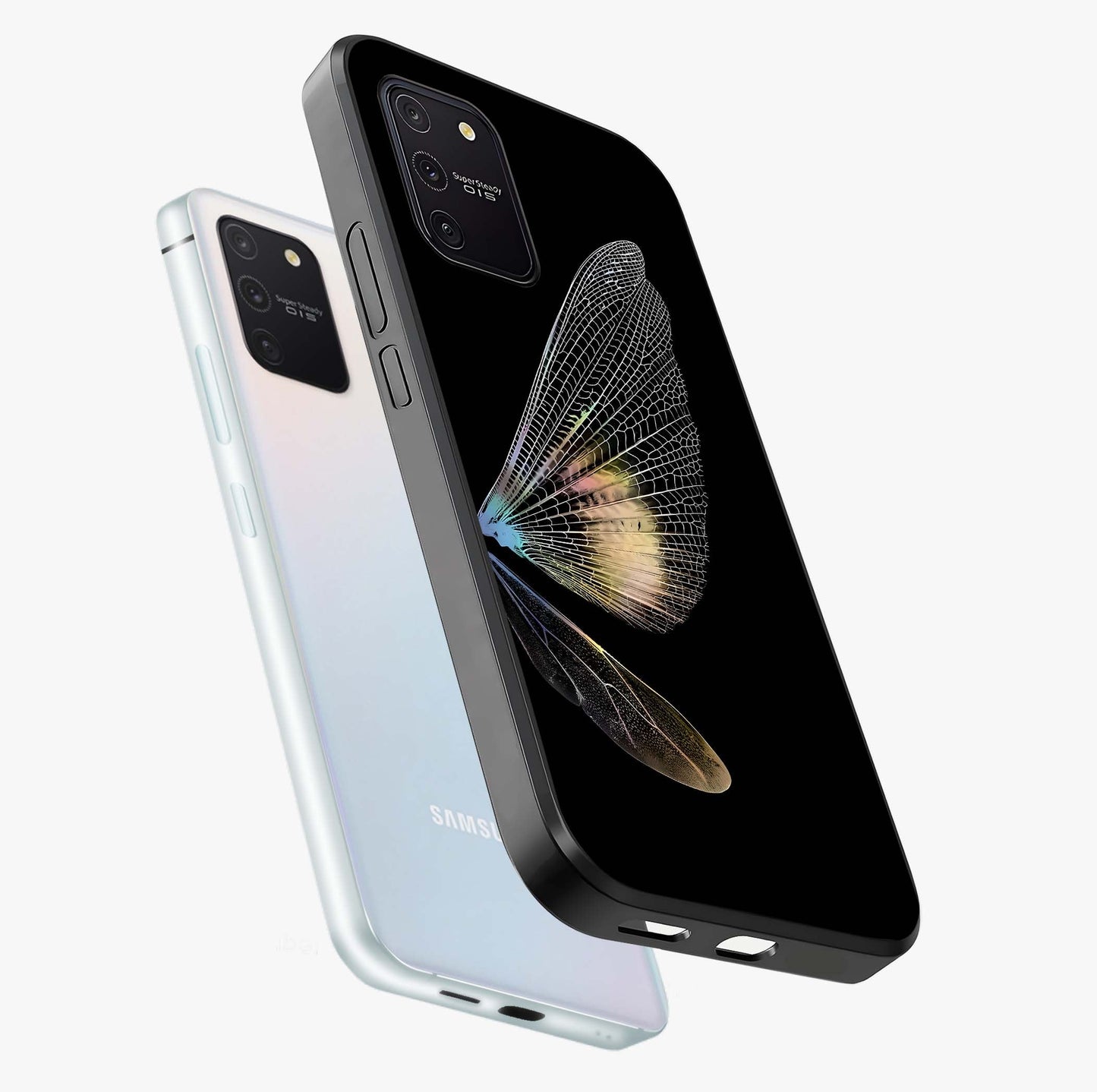 Whispers Of Wings Glass Case displayed in angled mockup highlighting soft feather design with celestial aesthetic style.