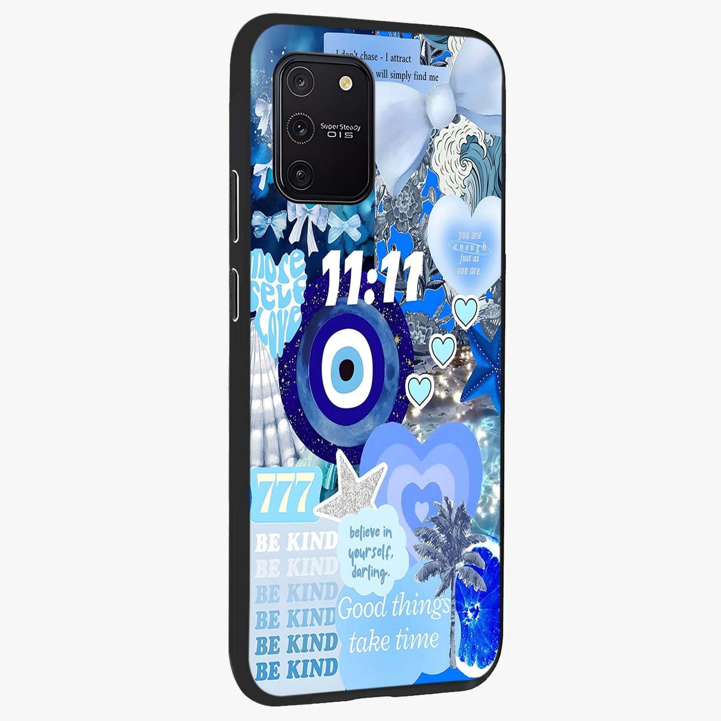 Aesthetic Be Kind Eye Glass Case upright view showcasing stylish eye illustration with positive message theme.
