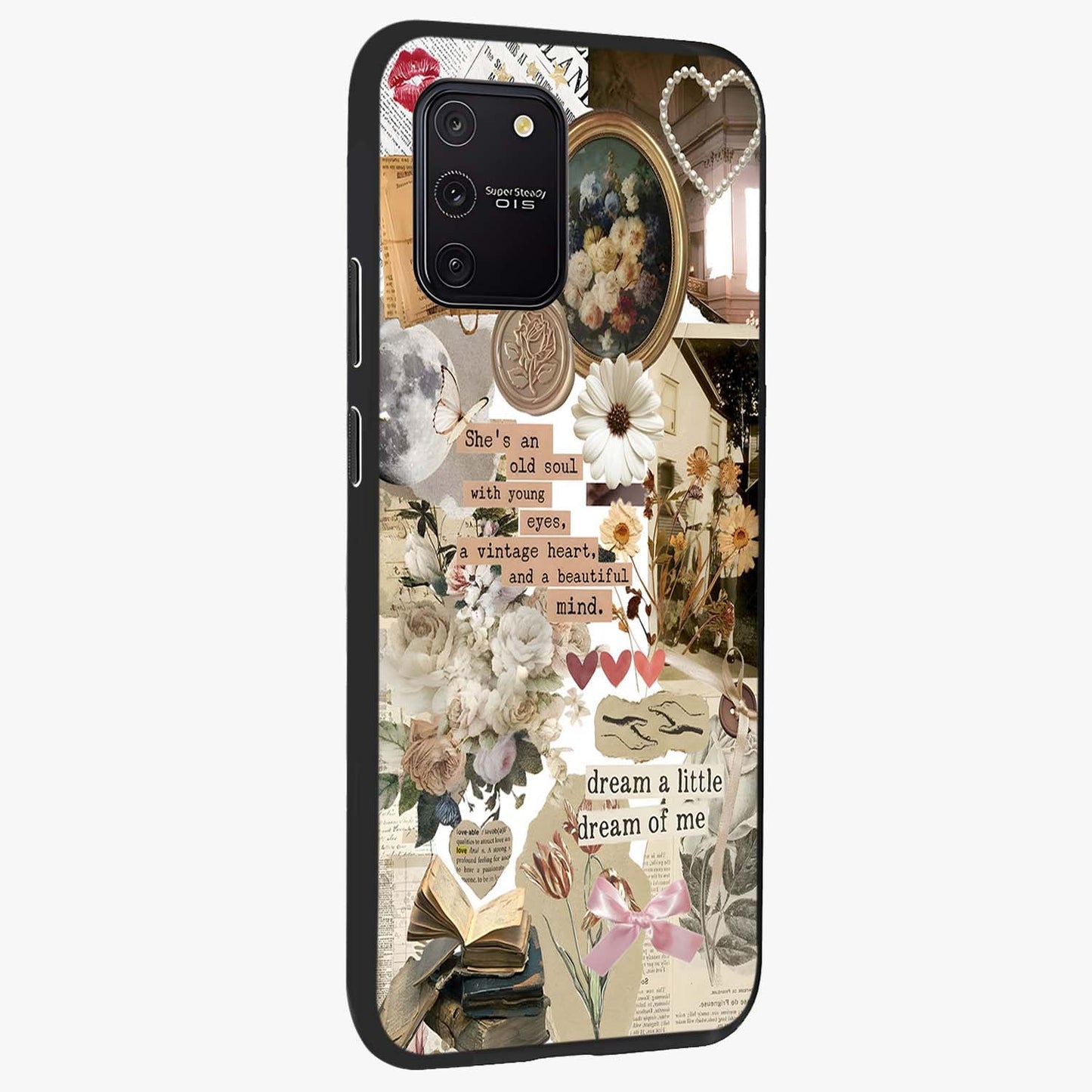 Aesthetic Brown Vintage Collage Glass Case upright view showcasing nostalgic retro artwork with stylish vintage theme.