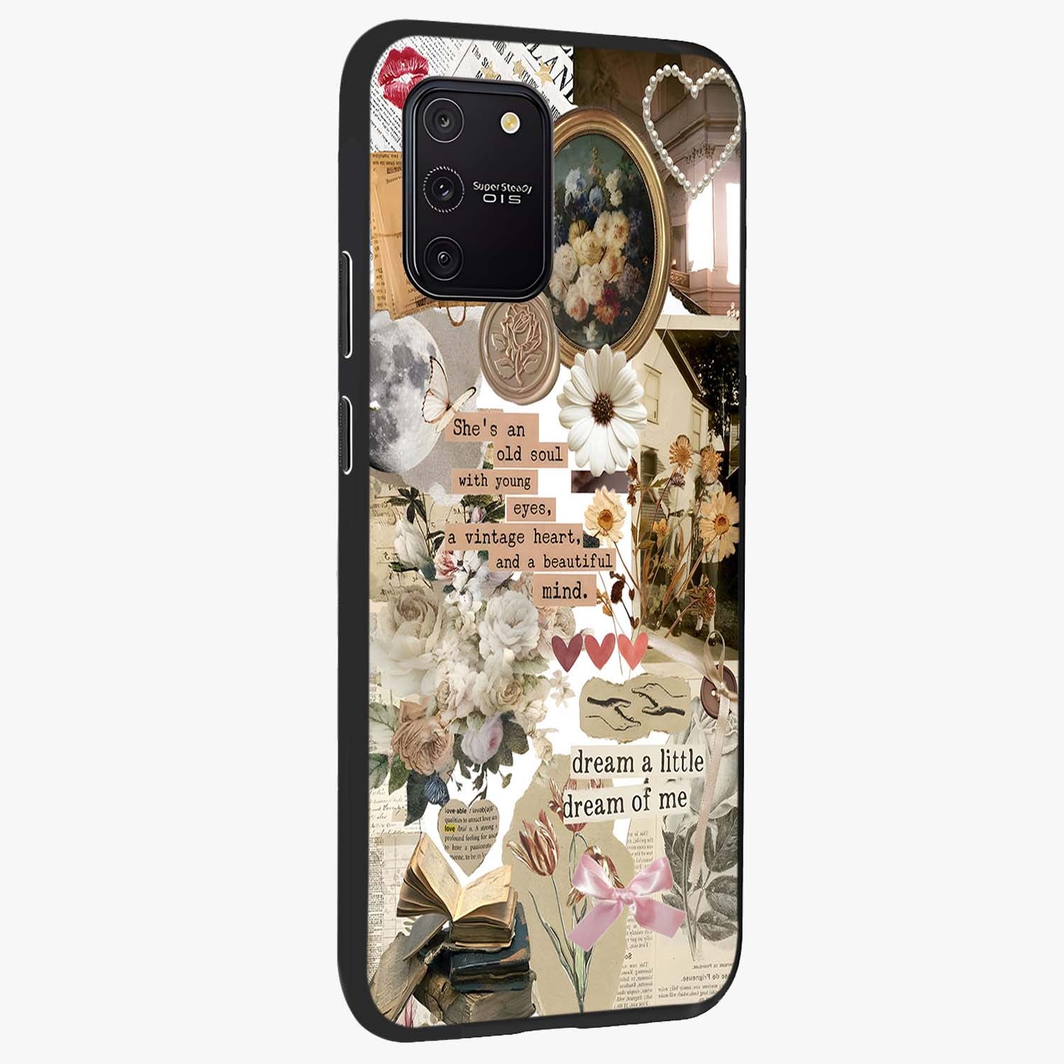 Aesthetic Brown Vintage Collage Glass Case upright view showcasing nostalgic retro artwork with stylish vintage theme.