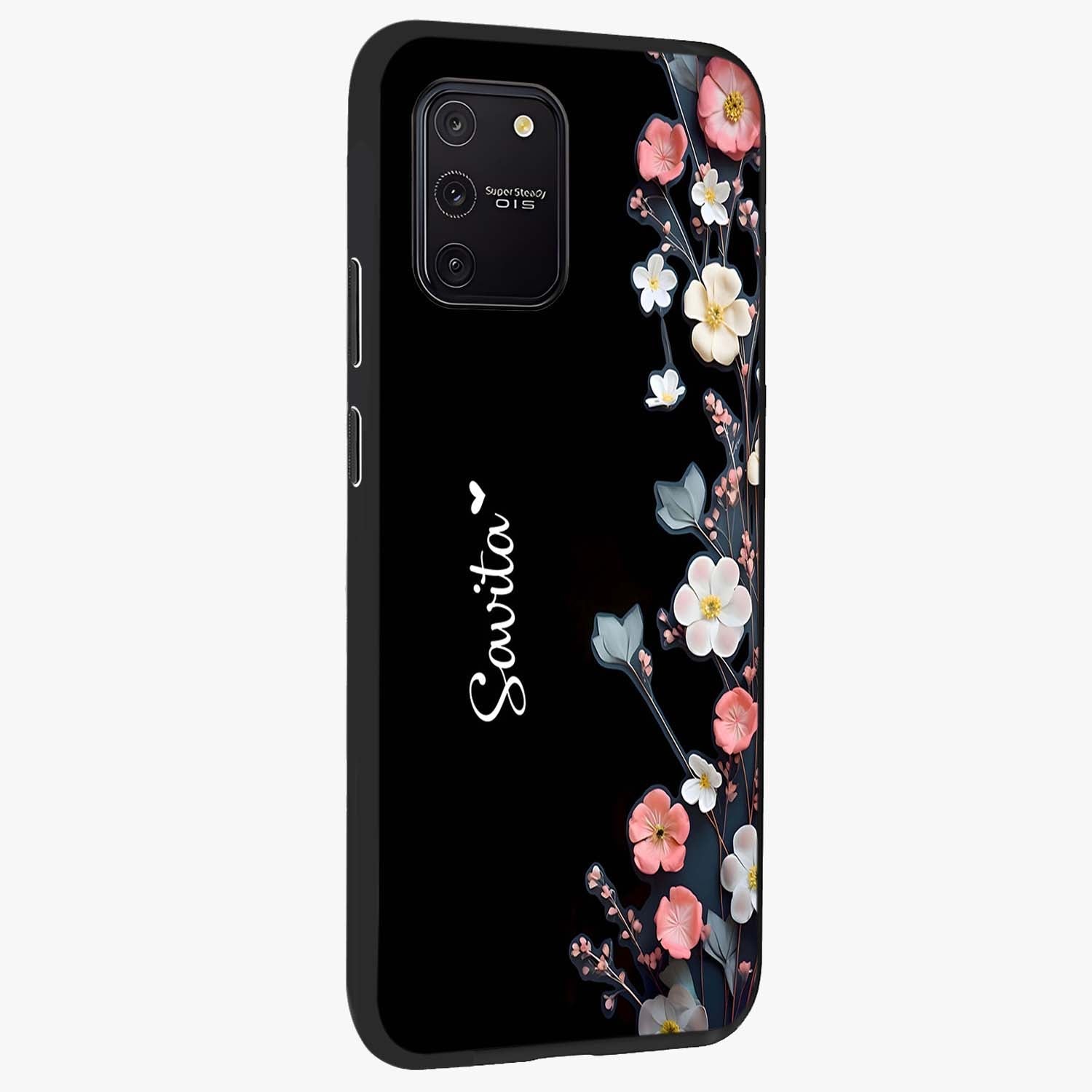 Black Elegance Floral Custom Name Glass Case upright view showcasing luxurious black floral design with personalized name detail.