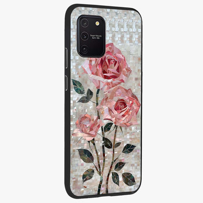 Blush Mosaic Bloom Glass Case upright view showcasing decorative floral mosaic artwork with stylish modern aesthetic.
