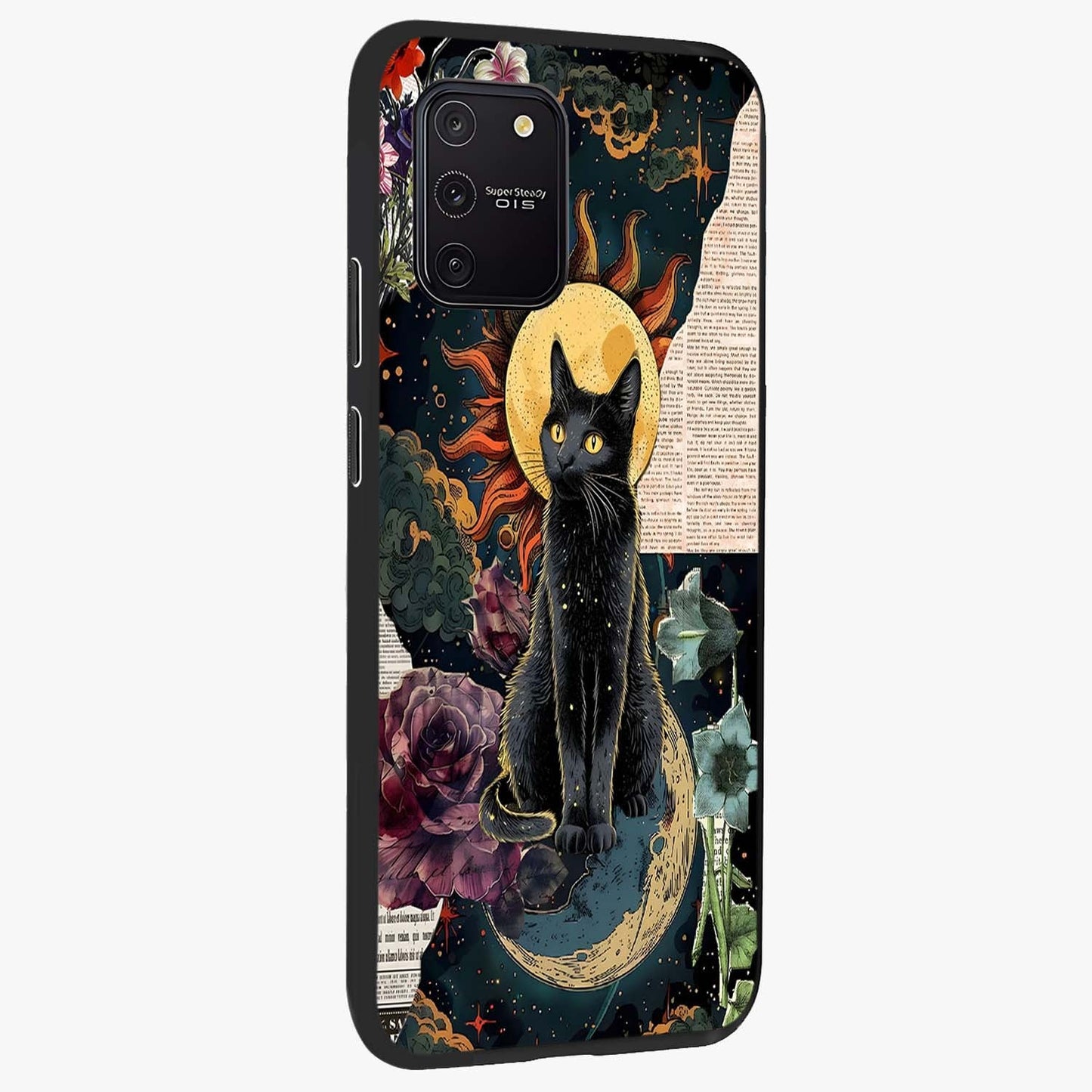 Celestial Black Cat Glass Case upright view showcasing magical black cat illustration with starry cosmic theme.