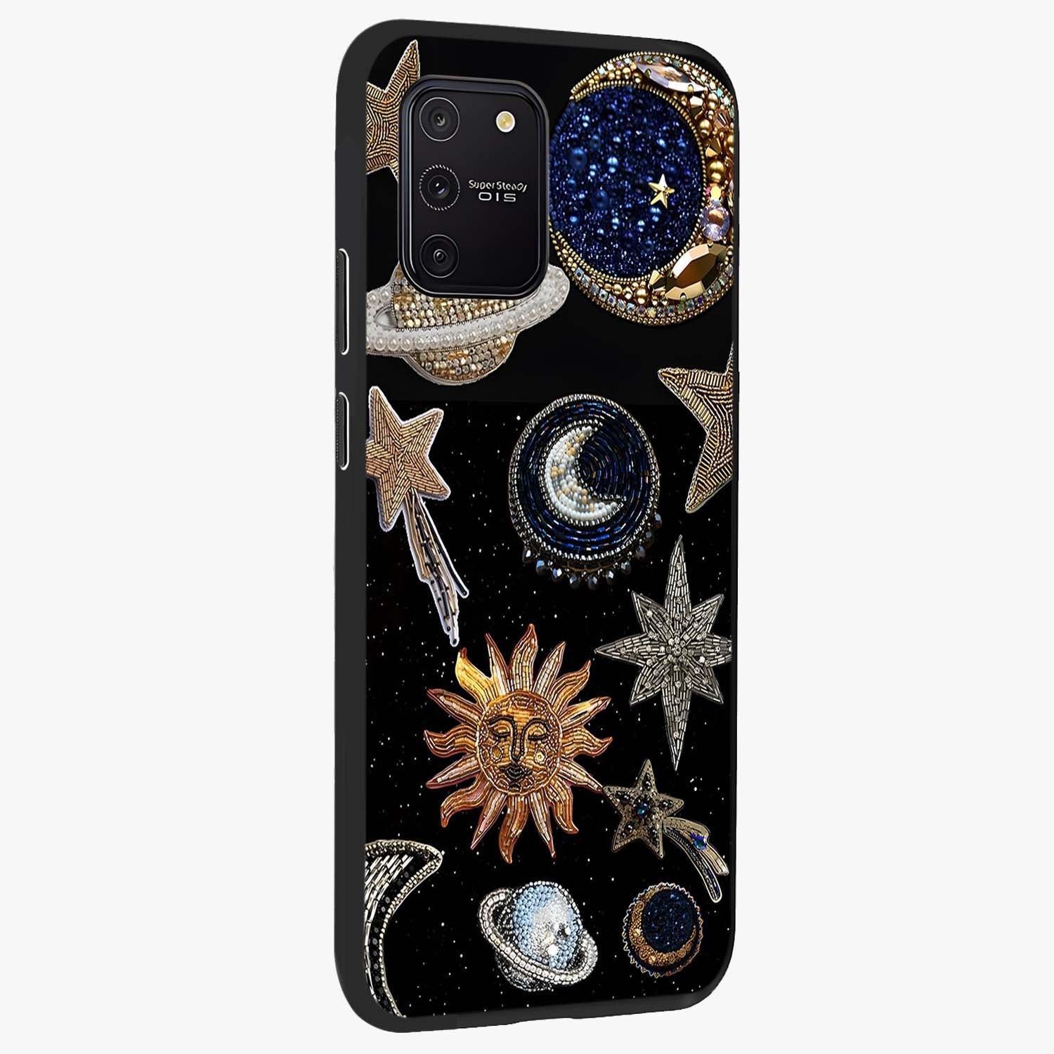 Celestial Gem Constellations Glass Case upright view showcasing cosmic constellation artwork with celestial aesthetic style.
