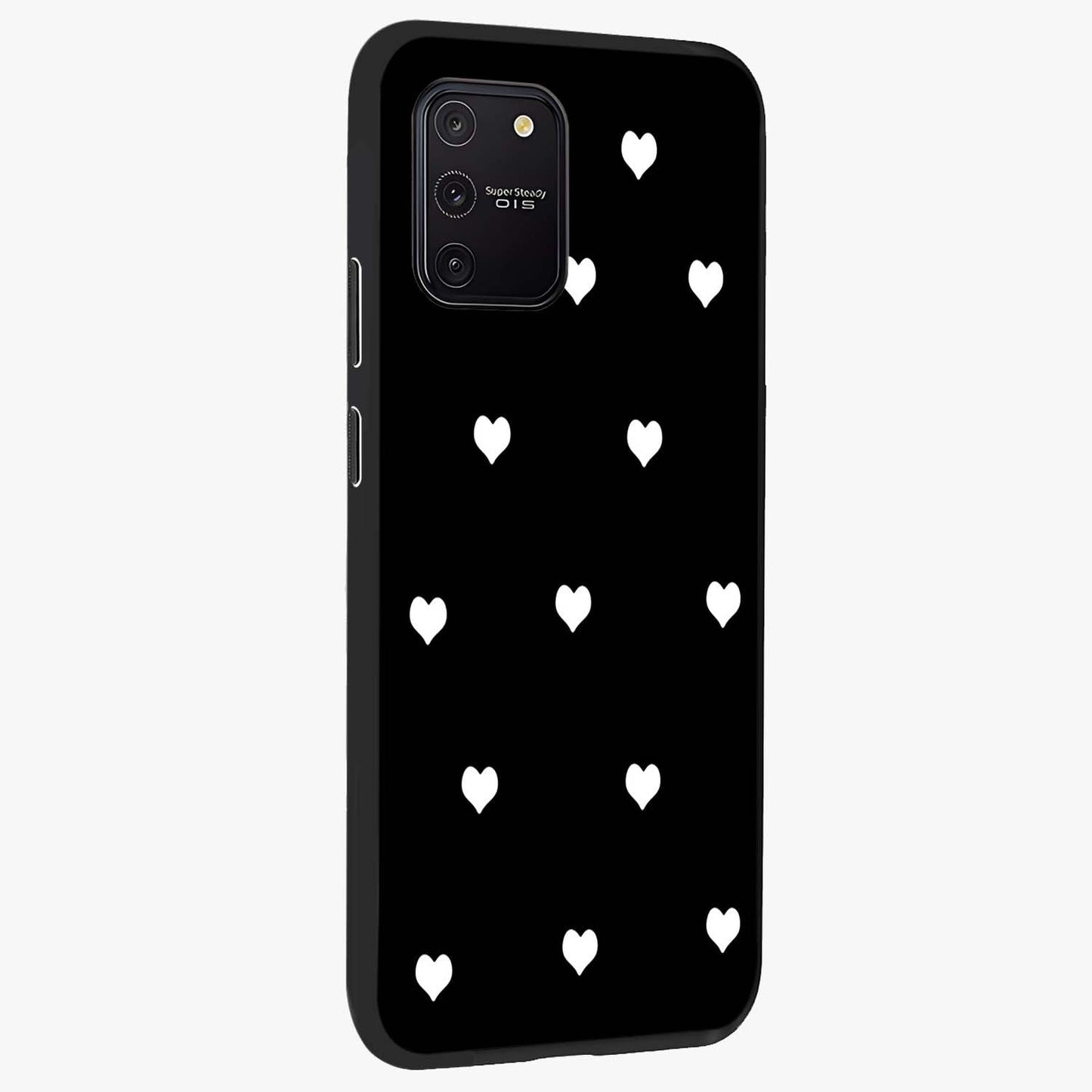 Cute And Simple White Hearts Glass Case upright view showcasing simple white hearts artwork with soft minimal theme.