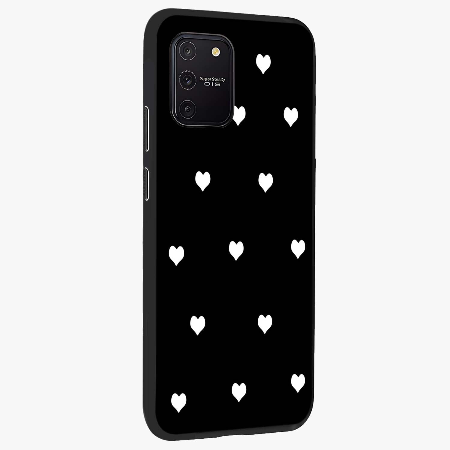 Cute And Simple White Hearts Glass Case upright view showcasing simple white hearts artwork with soft minimal theme.