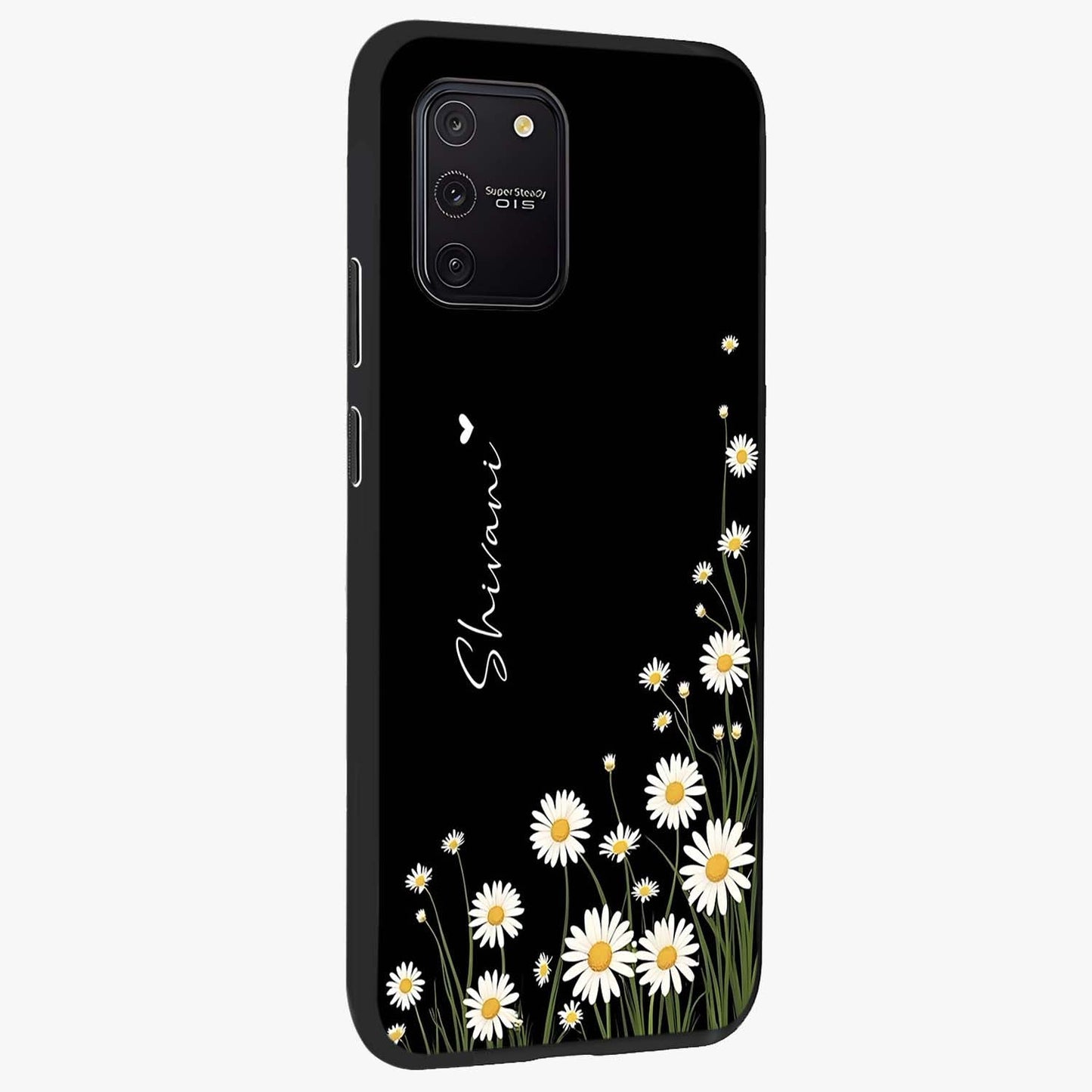 Daisy Cascade Custom Name Glass Case upright view showcasing elegant floral cascade design with personalized aesthetic.