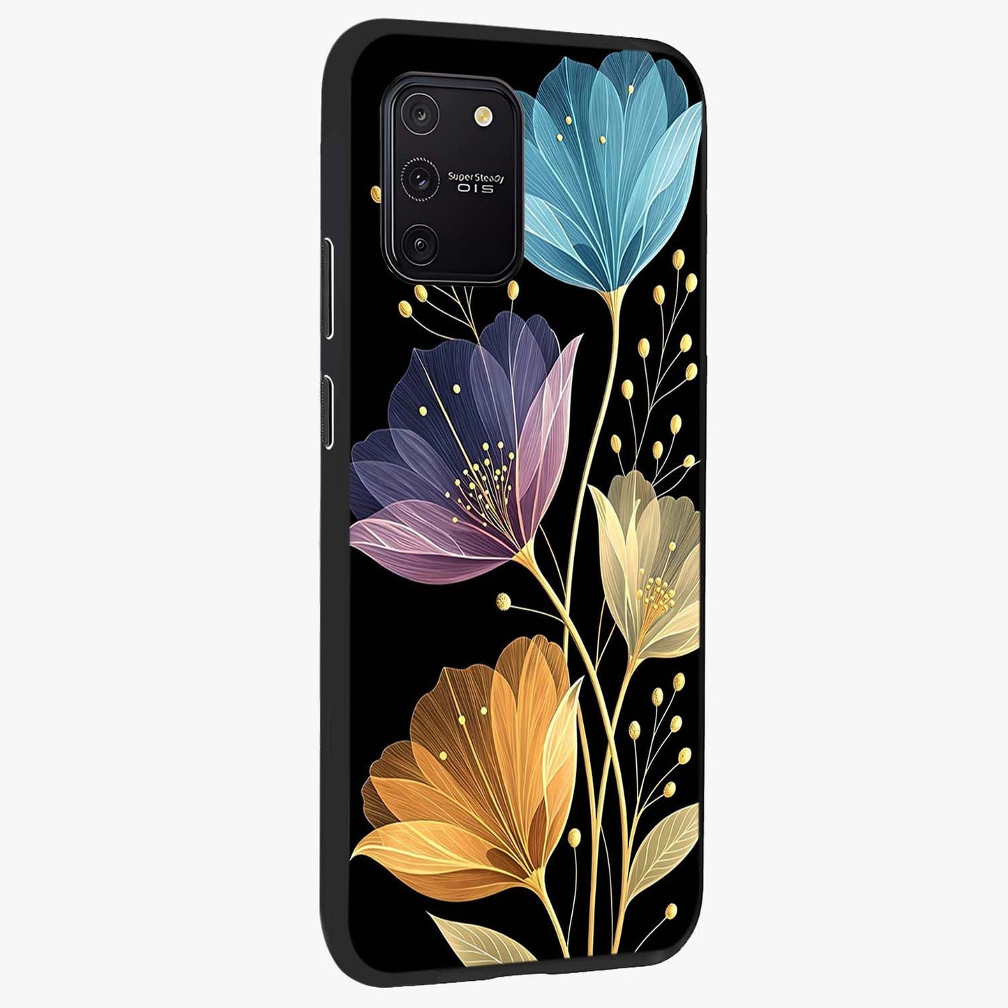 Delicate Multicolor Flowers Glass Case upright view showcasing delicate floral artwork with bright botanical theme.