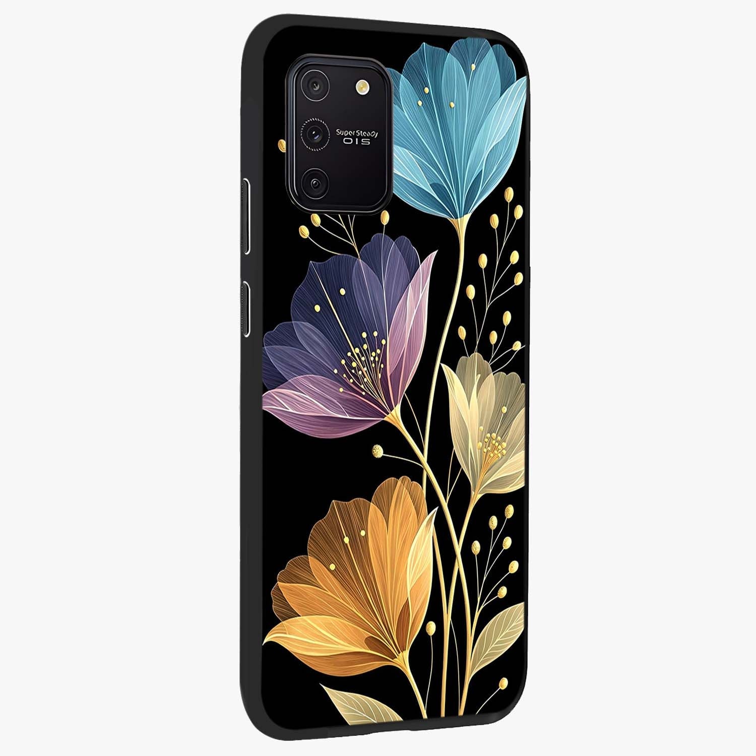 Delicate Multicolor Flowers Glass Case upright view showcasing delicate floral artwork with bright botanical theme.