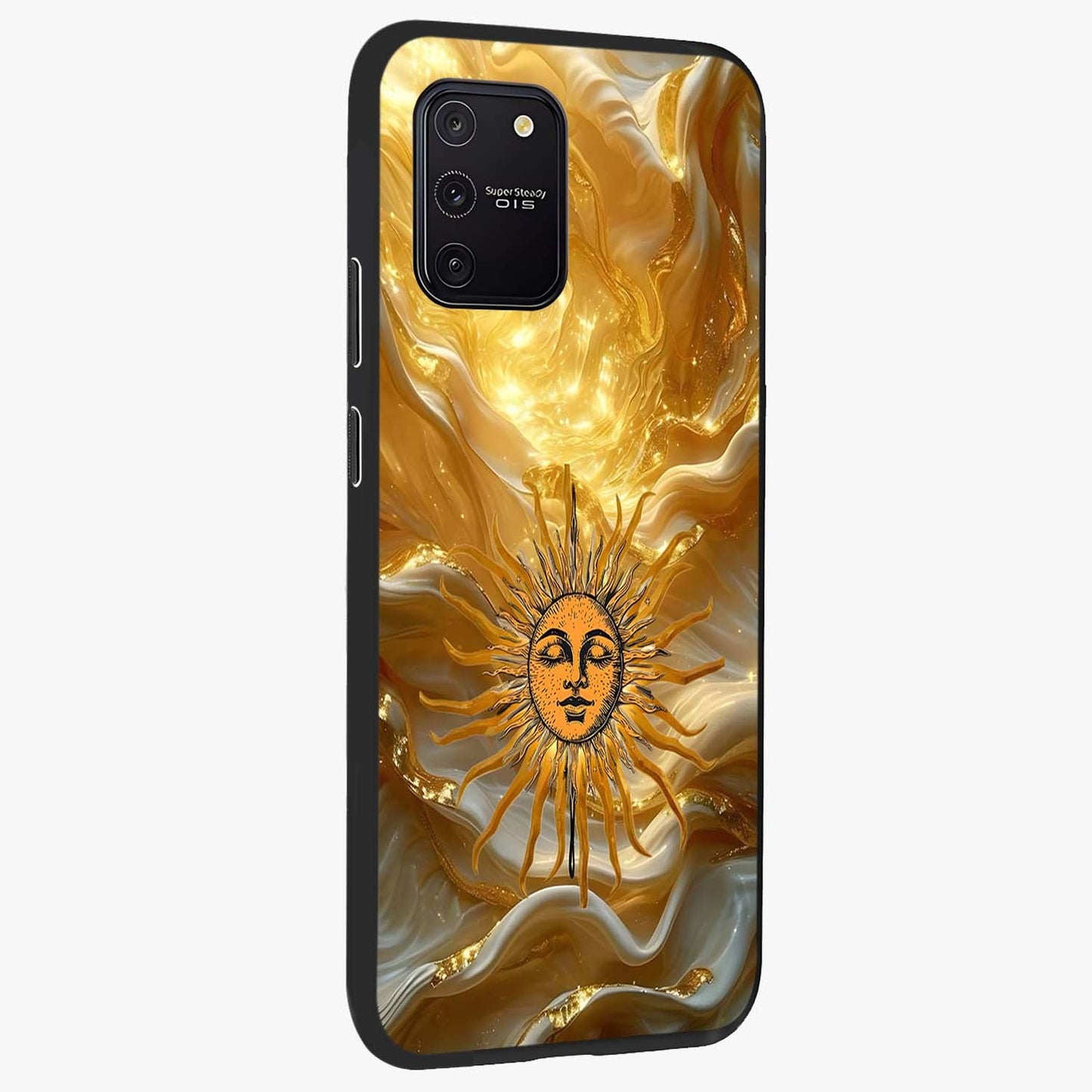 Eternal Golden Glow Glass Case upright view showcasing luminous golden artwork with luxurious visual theme.