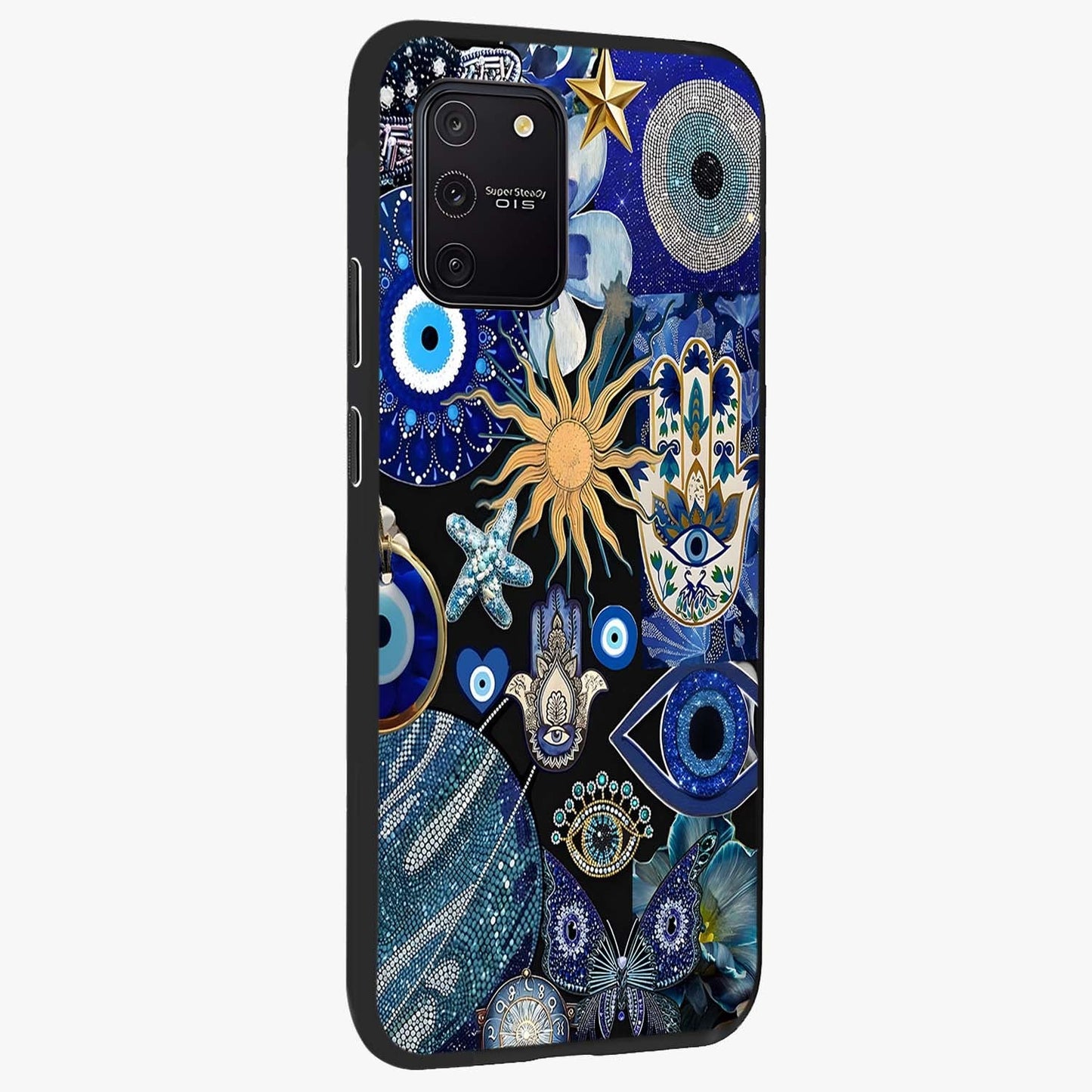 Evil Eye Charm Mix Glass Case upright view showcasing mystical evil eye pattern with vibrant decorative style.
