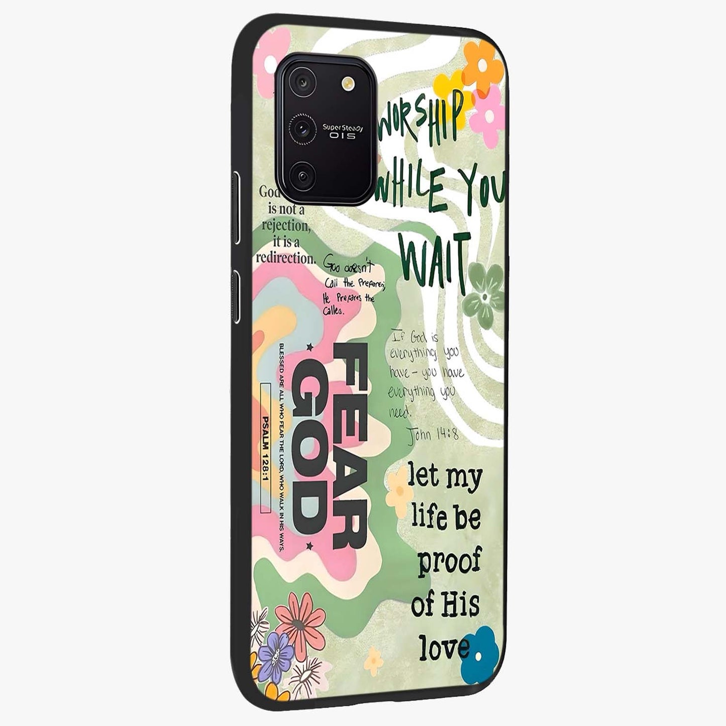 Faith Over Fear Glass Case upright view showcasing bold typography artwork with uplifting motivational theme.