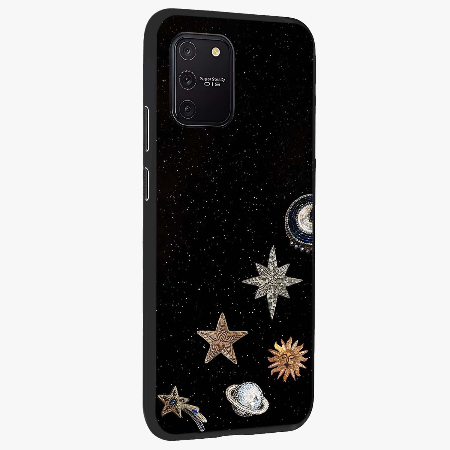 Galactic Charm Glow Glass Case upright view showcasing glowing cosmic charm artwork with magical celestial style.
