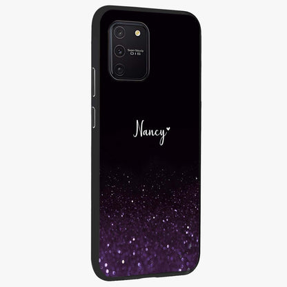 Glittery Purple Bokeh Custom Name Glass Case upright view showcasing vibrant purple sparkle artwork with personalized aesthetic style.
