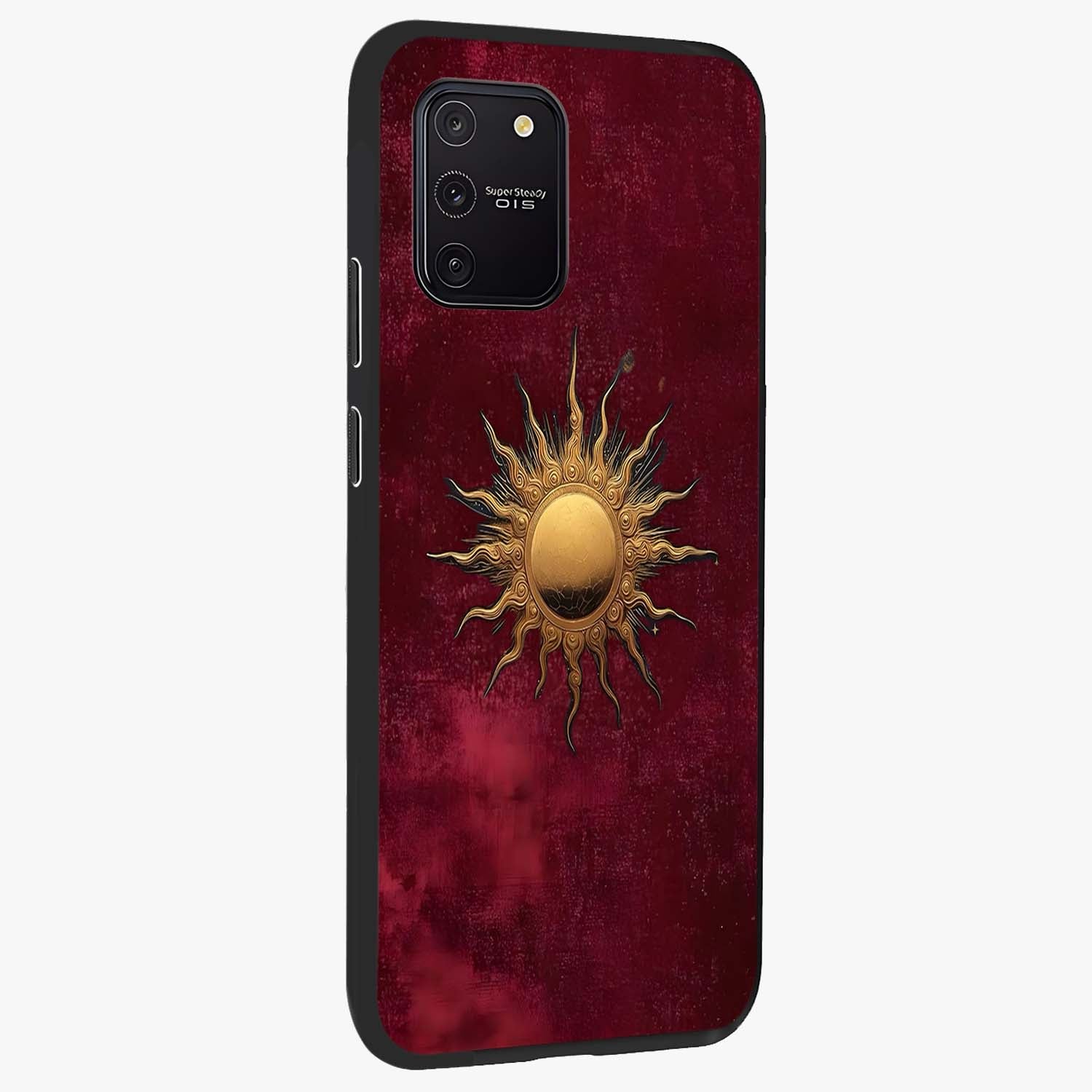Golden Sun Minimalism Glass Case upright view showcasing simple golden sun artwork with elegant minimalist style.