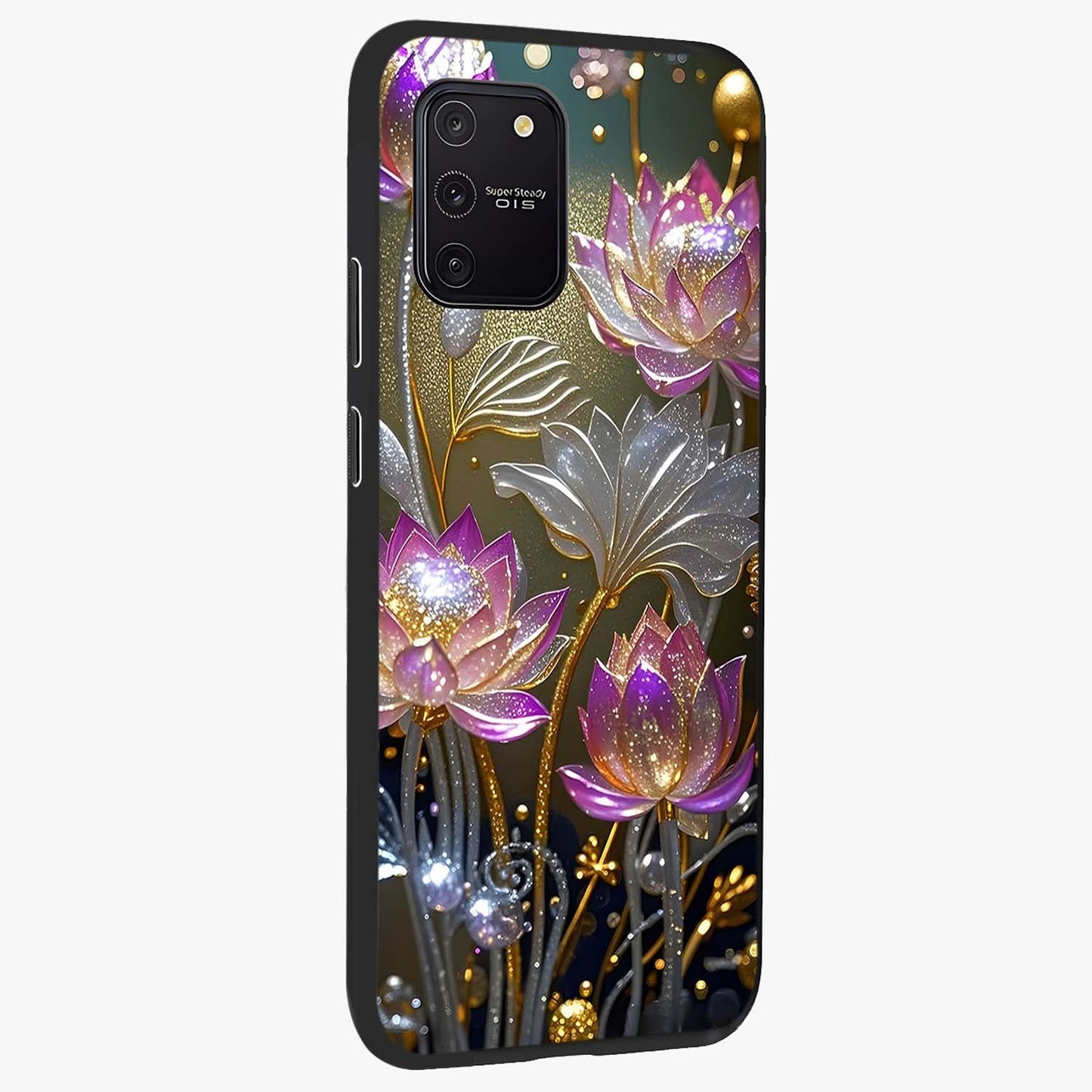 Golden Floral Majesty Glass Case upright view showcasing majestic floral artwork with rich decorative theme.