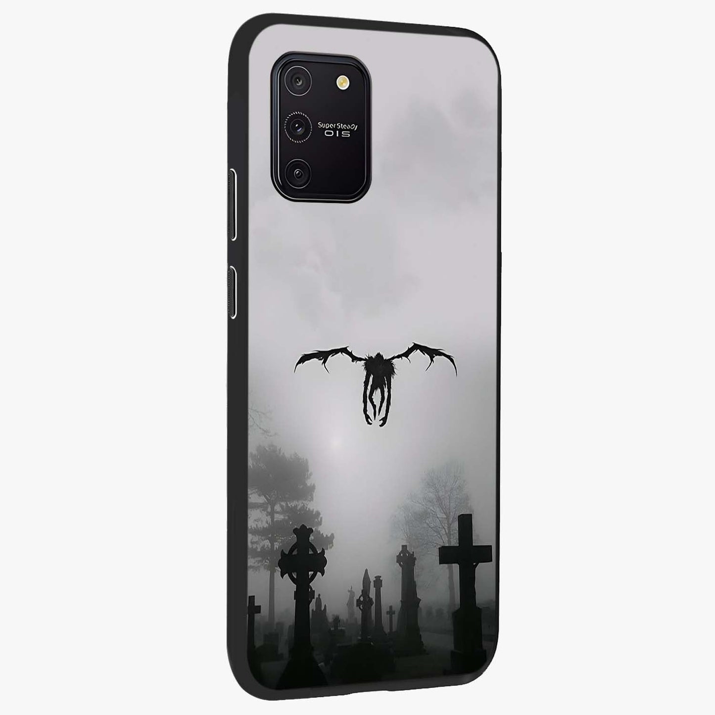 Graveyard Shadow Descent Glass Case upright view showcasing haunting graveyard artwork with dramatic dark theme.