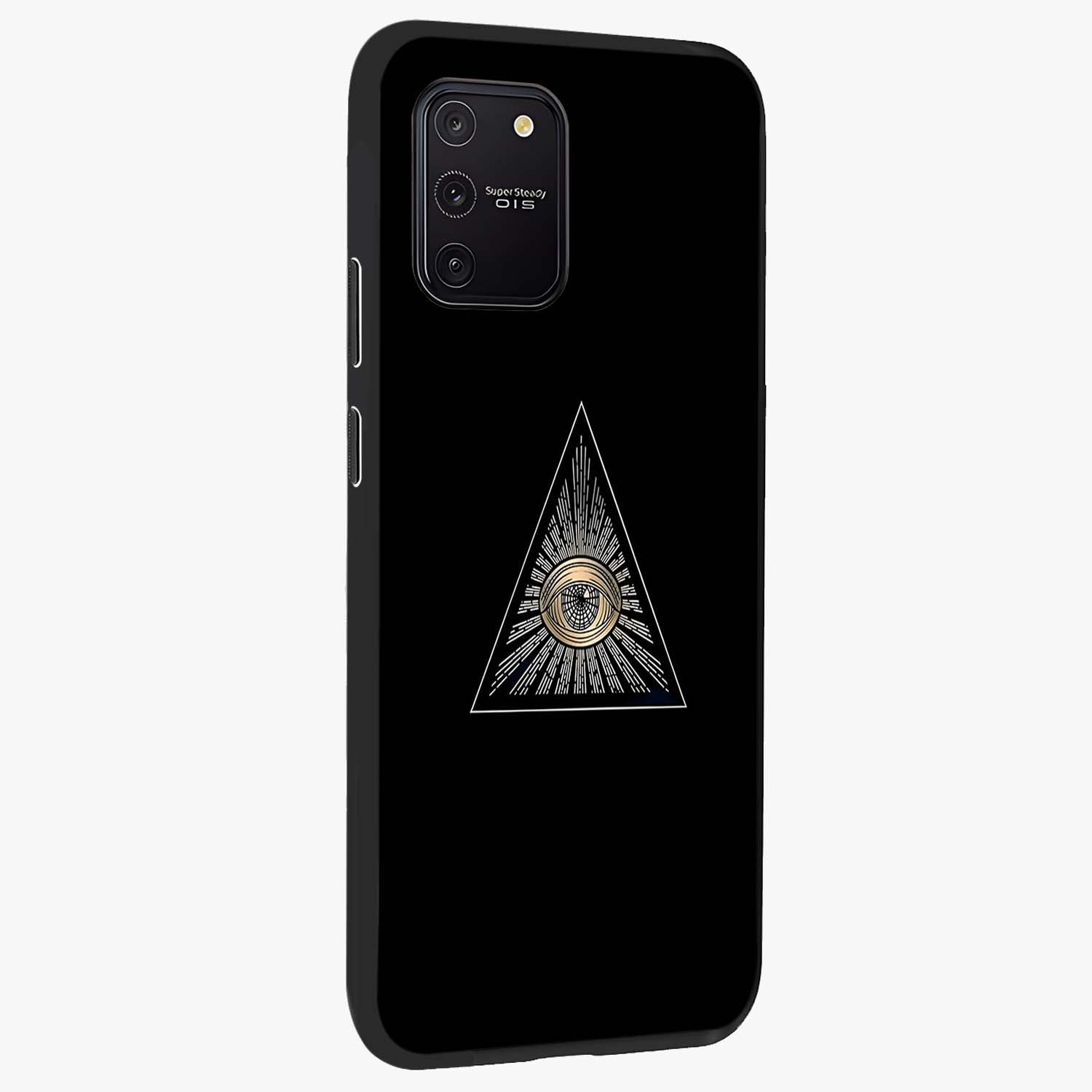 Illuminati Evil Glass Case upright view showcasing striking illuminati artwork with mysterious symbolic theme.