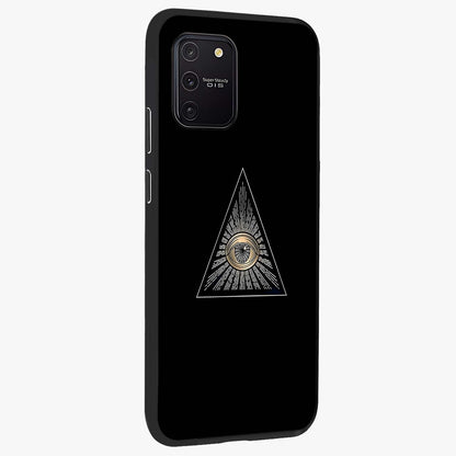 Illuminati Evil Glass Case upright view showcasing striking illuminati artwork with mysterious symbolic theme.