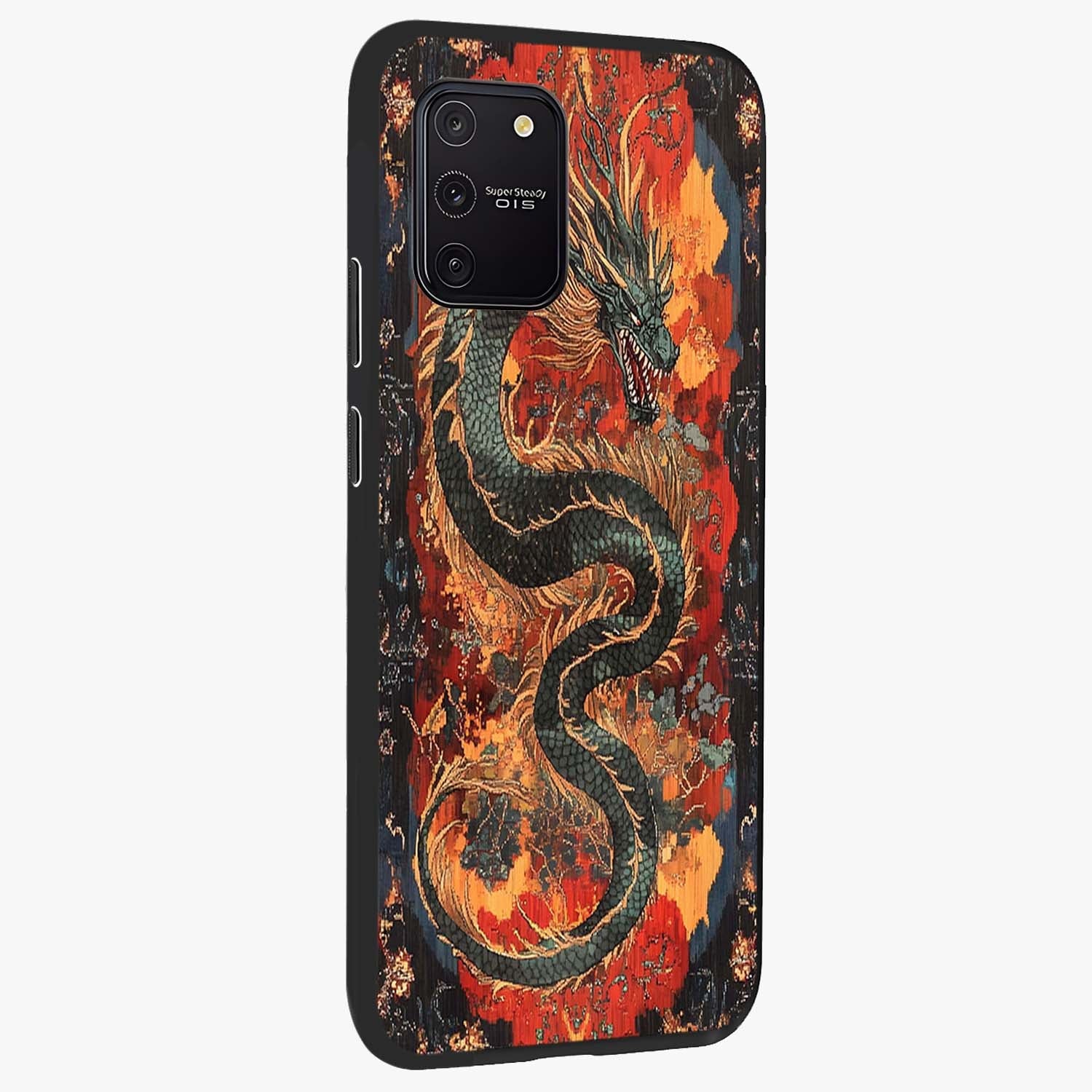 Inferno Dragon Soul Glass Case upright view showcasing intense dragon artwork with fantasy fire theme.