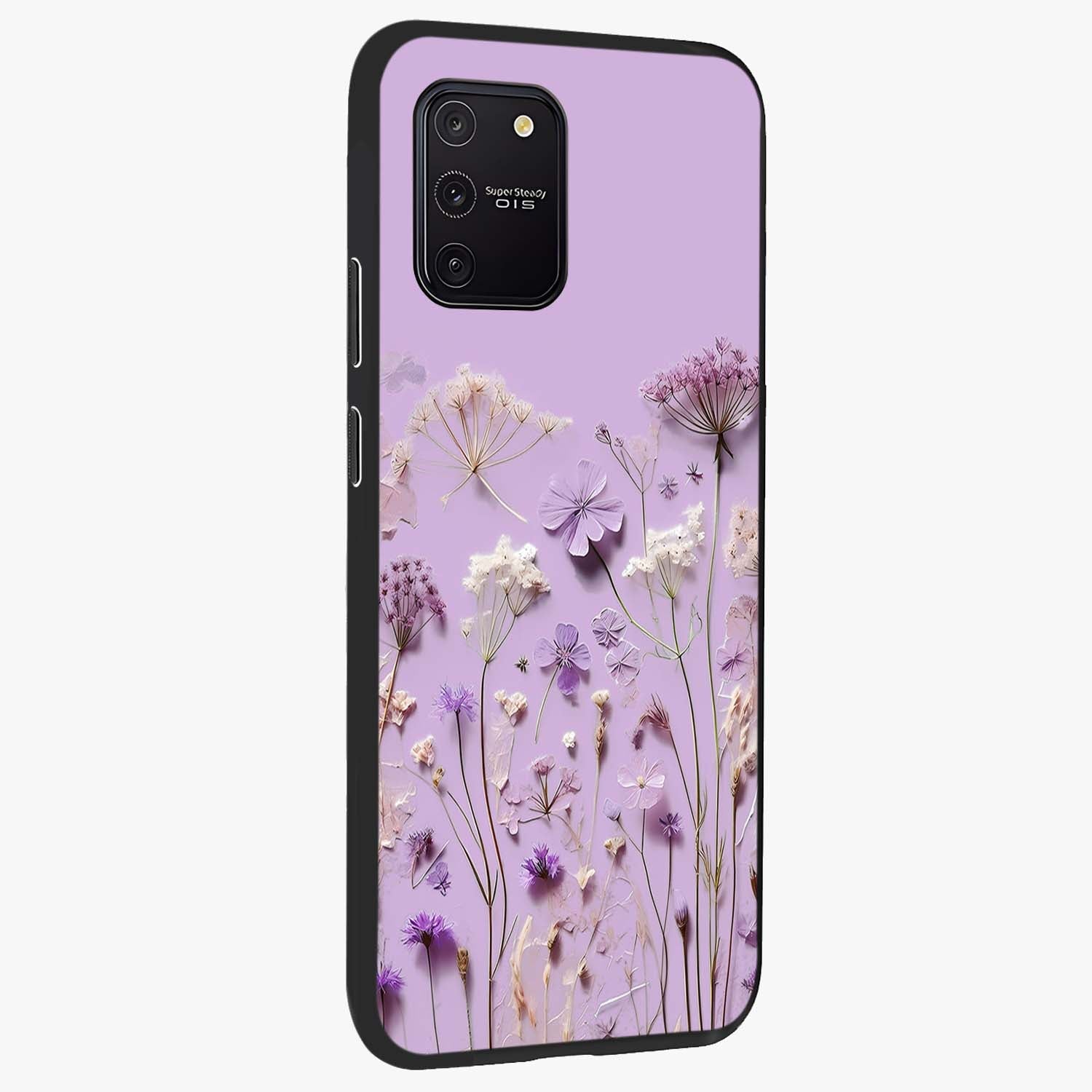 Lavender Blossom Dream Glass Case upright view showcasing delicate lavender blossom artwork with peaceful floral theme.