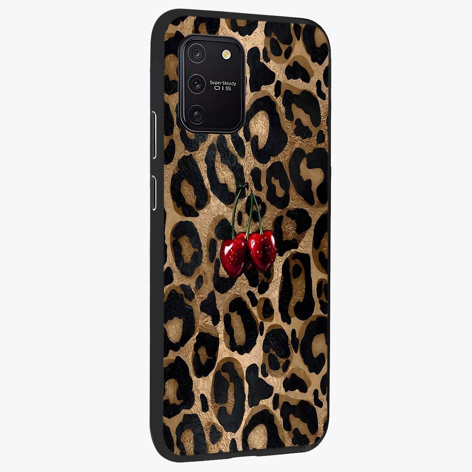 Leopard Wild Cherry Glass Case upright view showcasing stylish leopard pattern artwork with trendy fashion theme.