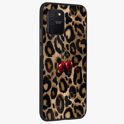 Leopard Wild Cherry Glass Case upright view showcasing stylish leopard pattern artwork with trendy fashion theme.