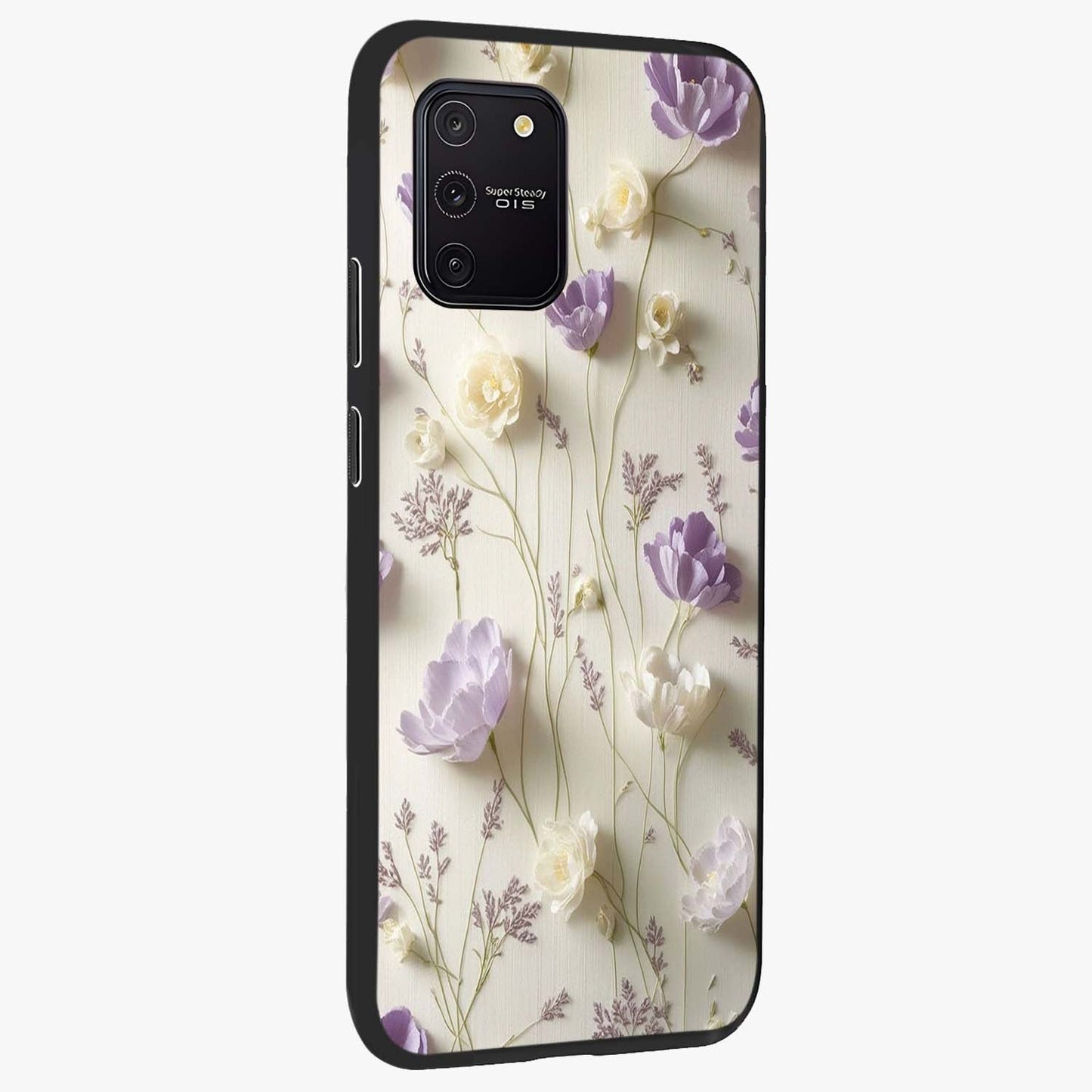 Lilac Breeze Harmony Glass Case upright view showcasing delicate lilac artwork with peaceful floral theme.